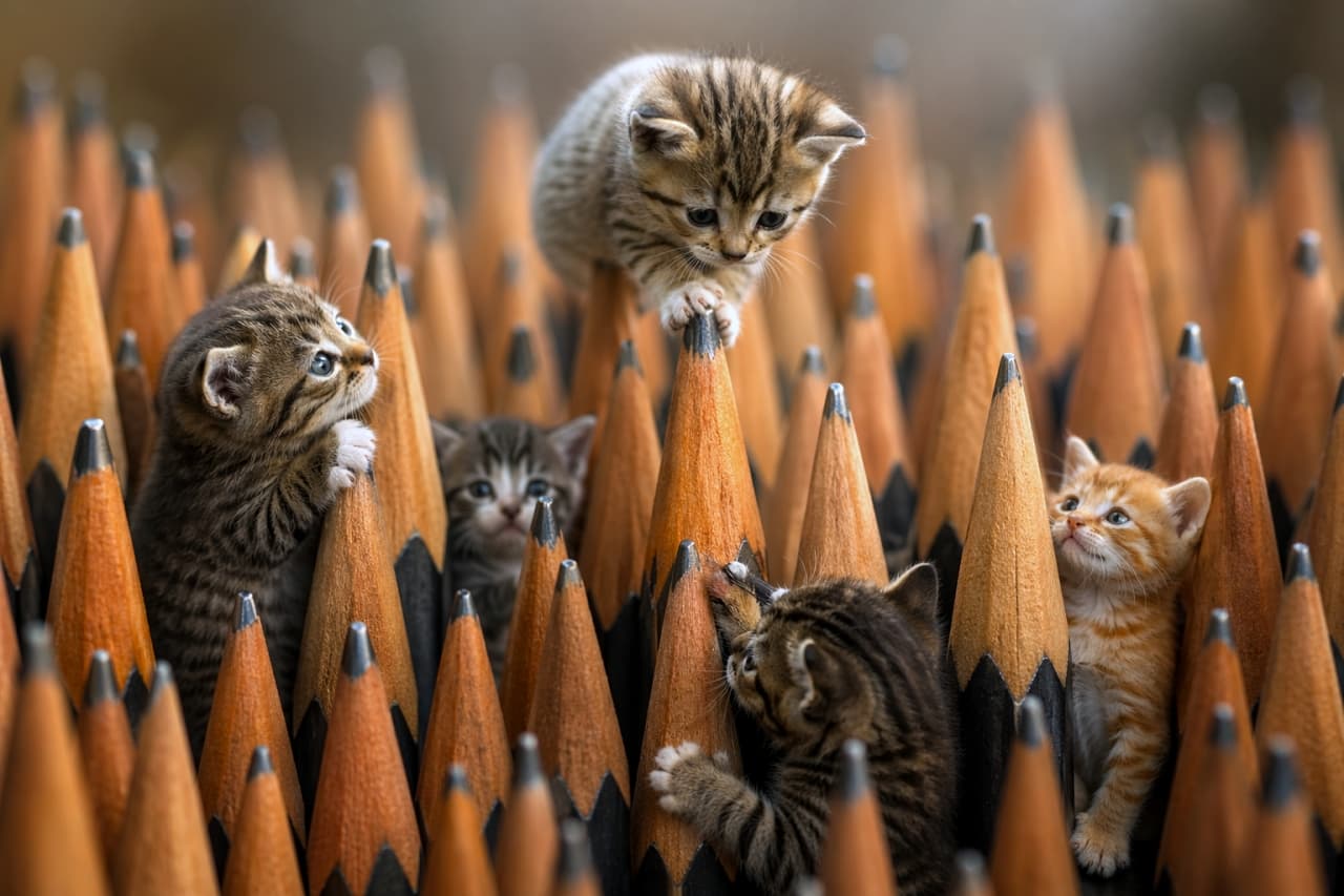 「ペンシルの森に迷い込んだニャンコたち！鋭いとんがり帽子をスイスイ🐾✏️🌲」A charming group of six tiny, fuzzy kittens are nestled playfully within a vast, dense collection of freshly sharpened, upright wooden pencils. The pencils create a textured forest. Several tabby kittens and one ginger kitten are visible, peeking over and hiding among the pencil tips. One tabby kitten in the foreground is caught chewing on a pencil near its tip. The depth of field is shallow, rendering the background pencils into a soft, abstract blur. 削りたてで直立した木製鉛筆が大量にある中を、6匹の小さなふわふわの子猫のグループが楽しそうに探検しています。鉛筆が密集した、質感のある森を作っています。数匹のトラ猫の子猫と1匹の茶トラの子猫が、鉛筆の先から顔を覗かせたり、その中に寄り添ったりしています。手前の1匹のトラ猫の子猫は、鉛筆の先の近くを噛んでいます。このシーンは浅い被写界深度で撮影されており、背景の鉛筆は柔らかくぼやけています