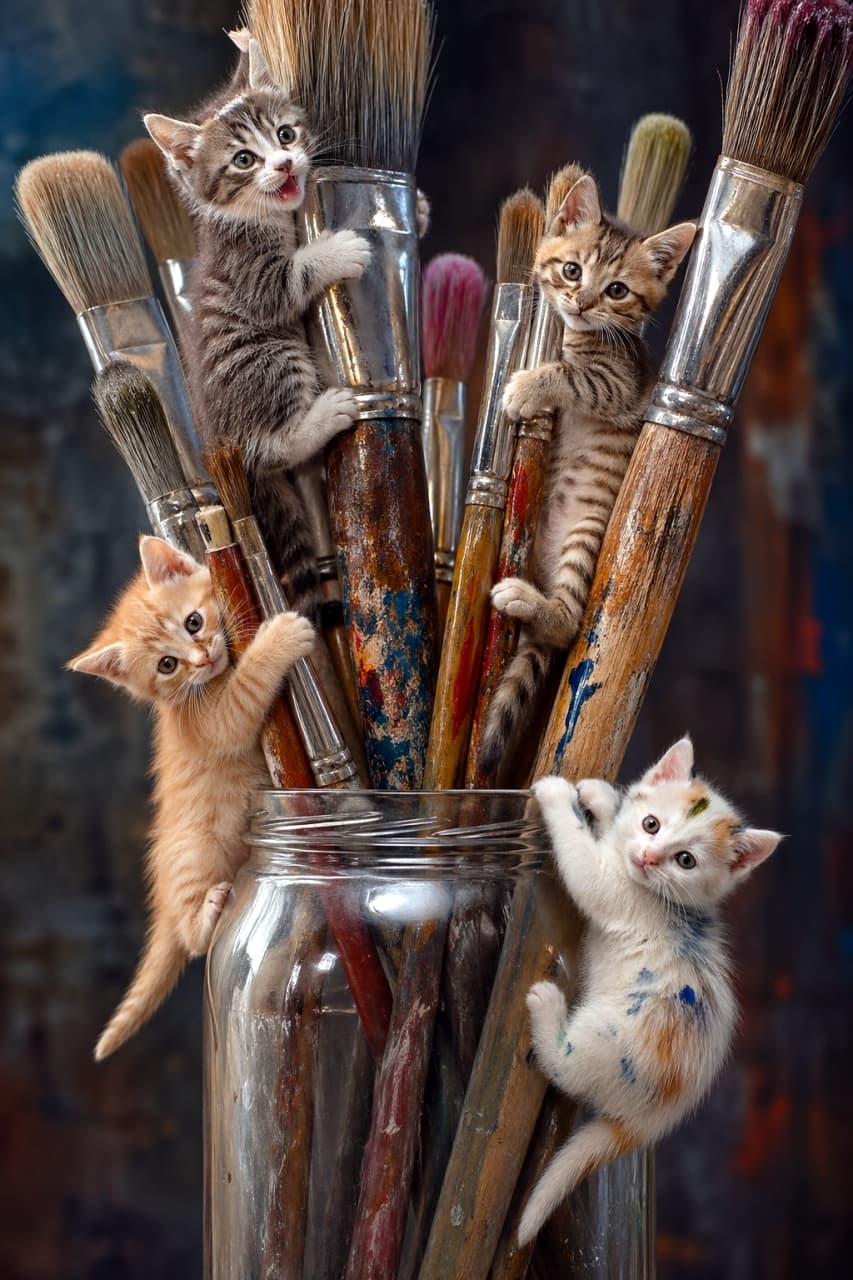 「芸術の秋だにゃ🎨✨絵筆のジャングルを冒険中の子猫たち、みんなで大作を描く準備は万端？🐾」A charming, realistic photo of four adorable kittens of different colors (grey tabby, orange tabby, another grey tabby, and a calico-white) playfully climbing all over a cluster of large, paint-stained artist brushes held within a clear glass jar. The kittens are perched at various levels, looking at the camera. The background is a blurred art studio. 様々な色（グレータビー、オレンジタビー、もう1匹のグレータビー、そして三毛白）の4匹の愛らしい子猫が、透明なガラス瓶に入った、古くてペイントで汚れた大きな絵筆の束に楽しそうに登っている、魅力的でリアルな写真。子猫たちは様々な高さに止まり、カメラを見つめている。背景はぼかされたアートスタジオ