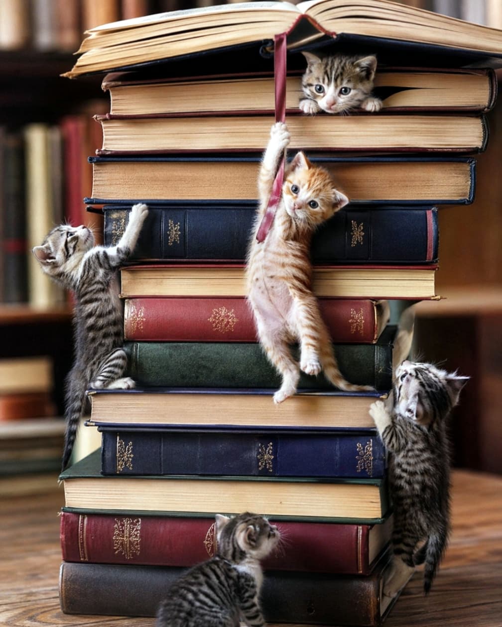 「本の山を大冒険！赤いしおりにぶら下がる姿にハラハラドキドキ🐾📚✨」Five small, fluffy kittens are actively climbing a tall, precarious stack of antique, colorful books within a dimly lit library. An orange tabby kitten hangs by a single paw from a red ribbon bookmark, looking directly at the viewer. Another kitten peers down from inside the top, open book. Other tabby and black-and-white kittens are on different levels, trying to ascend further. The background features more books on blurred wooden shelves. 薄暗い図書室で、5匹の小さくてふわふわした子猫たちが、積み重なった古びた色とりどりの本に活発に登っています。オレンジ色のトラ猫の子猫が、赤いリボンのしおりに片手でぶら下がり、視聴者をじっと見つめています。別の子猫は、開かれた一番上の本の中から下を覗き込んでいます。他のトラ猫や白黒の子猫たちがさまざまな高さにいて、さらに登ろうとしています。背景には、ぼやけた木製の棚にさらに多くの本が並んでいます