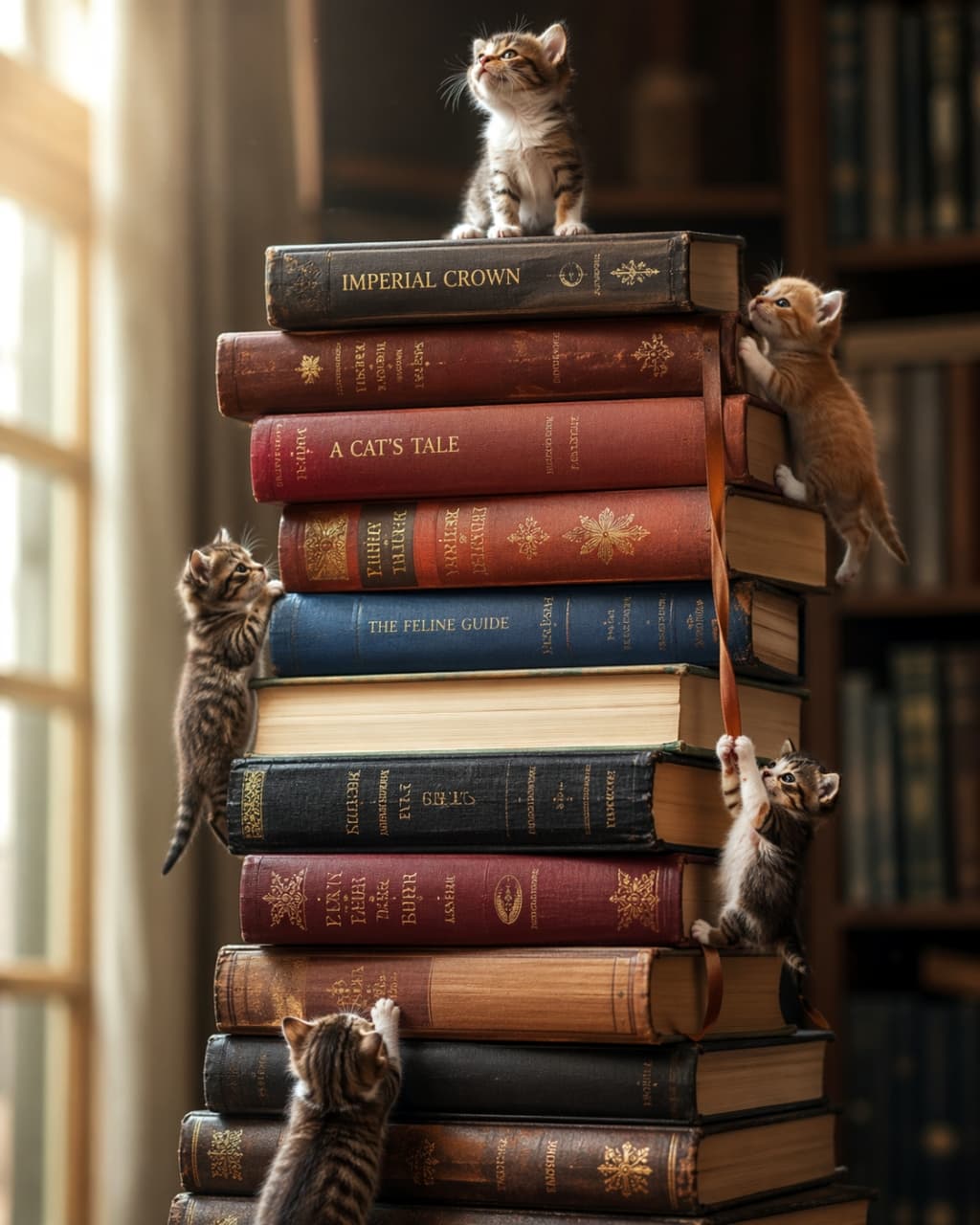 「本の山を完全制覇！「猫の物語」も踏破完了🐾📚👑✨」Several adorable tabby kittens are climbing and exploring a tall stack of colorful vintage books with gold-embossed spines in a cozy old-world library. One kitten sits triumphantly on the top, looking down. Another orange kitten scales the right side, while a third brown tabby peeks over the left side. The titles on the spines, including "IMPERIAL CROWN", "A CAT'S TALE", and "THE FELINE GUIDE", are clearly visible. A sunlit window is on the left. 数匹の愛らしいトラ猫の子猫たちが、装飾的で金箔押しの背表紙を持つ、色とりどりのヴィンテージ本が積み重なった高い山を活発に登り、探検しています。1匹の子猫が誇らしげに一番上に座り、下を見下ろしています。もう1匹の茶トラの子猫が、爪を使って登りながら右側をスケーリングしています。3匹目の茶色のトラ猫の子猫が左側から覗き込んでいます。背表紙の英語のタイトルは、ほとんどがはっきりしています。「IMPERIAL CROWN（帝国の冠）」、「A CAT'S TALE（猫の物語）」、「THE FELINE GUIDE（猫のガイド）」。設定は、左側に日光が差し込む窓があり、ぼやけた本棚の暖かい背景がある、居心地の良い古き良き図書室です