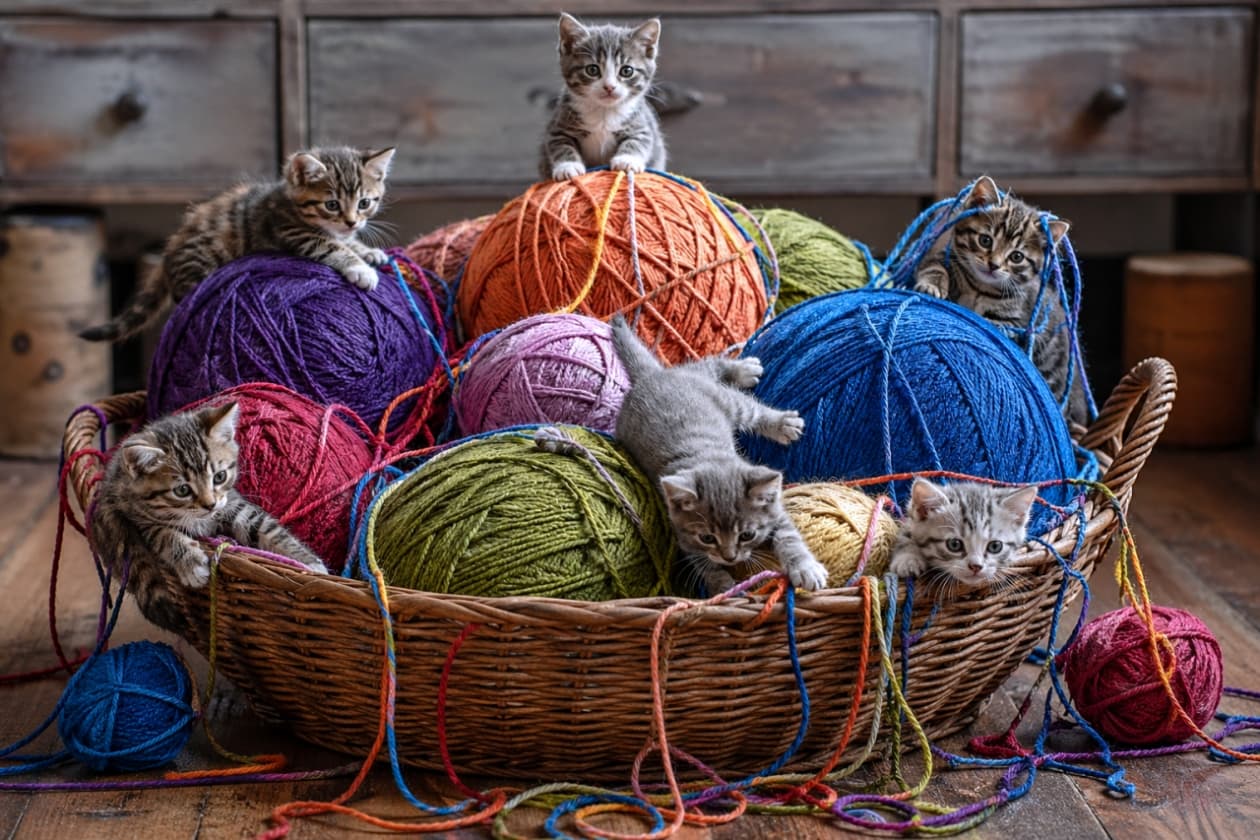 「毛糸玉の山に埋もれて幸せ〜🧶💖タビーな子猫たちが、カラフルな世界で遊ぶ姿に癒されるにゃ🐾」A cozy, rustic scene featuring six tabby kittens of various shades (grey and brown) playing in and around a large, hand-woven wicker basket filled with oversized balls of colorful yarn (purple, orange, green, blue, pink, and yellow). The kittens are perched on and in between the yarn, with strands trailing onto the old wooden floor. An antique wooden chest of drawers is visible in the background. 大きなカラフルな毛糸玉（紫、オレンジ、緑、青、ピンク、黄色）が詰まった大きな手編みの籐籠の中や周囲で遊ぶ、様々な色合い（グレーとブラウン）の6匹のタビー柄の子猫。子猫たちは毛糸玉の上や間に止まり、古い木製の床に毛糸のストランドが伸びている。背景にはアンティークな木製チェストが見える