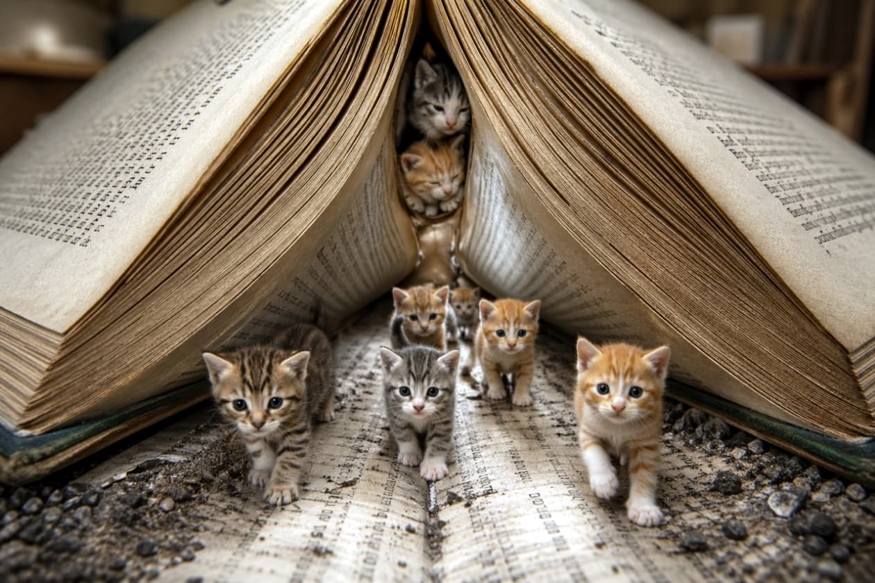 「本のトンネルをみんなで行列！小さな探検隊が通りますよ🐾📚✨🚶‍♂️」Multiple small, young kittens are walking in a procession single file towards the camera, seemingly emerging from a canyon formed by the curved, open pages of a gigantic, ancient book. The large, old pages with dense script create tunnel walls. The leading kittens, of various tabby patterns, are in sharp focus, while those further back are nestled into the soft, warm-lit opening of the pages. The book rests on a textured surface. The lighting is soft and warm. 複数匹の小さな子猫たちが、巨大で古代の本の曲がった開いたページによって形成されたトンネルから出てくるかのように、視聴者に向かって列をなして歩いています。本は広く開かれ、質感のある砂利の表面に置かれており、峡谷のようなトンネルの壁を形成する高いページには文字が見えます。さまざまなトラ柄や色の子猫たちが一列になって歩いており、先頭の子猫たちにははっきりと焦点が合っていますが、後ろの子猫たちはページ内の暖かく照らされた開口部へと退いていきます。照明は暖かく柔らかく、古い紙の質感を強調しています