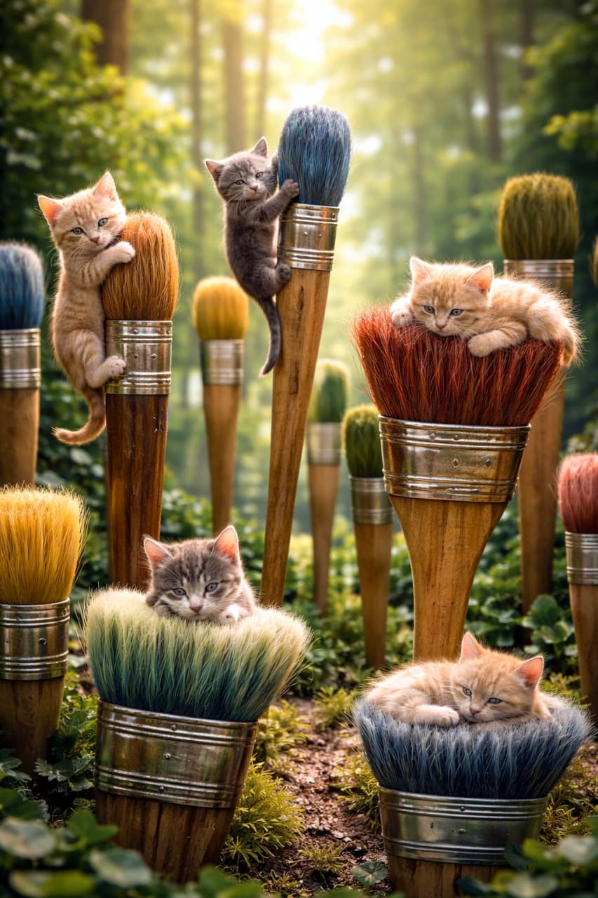 「そびえ立つ絵筆の森を大冒険！🖌️🌳 柄によじ登ったり、フワフワの筆先をベッドにしてお昼寝する子猫たちに癒やされます💤💕」A photorealistic photograph of five tiny kittens exploring a forest of giant upright paintbrushes against a backdrop of a lush, sunlit green forest. In the upper section, an orange tabby and a solid grey kitten climb the wooden brush handles. On the right, an orange tabby relaxes on top of reddish-brown bristles. At the bottom, a grey tabby and a light orange kitten are nestled snugly inside fluffy green and blue bristles, resting as if in nests. 自然光が差し込む緑豊かな森を背景に、木々のようにそびえ立つ巨大な絵筆を探検する5匹の極小子猫の写真。上部では茶トラの子猫と灰色の子猫が木製の筆の柄によじ登り、右側では茶トラの子猫が赤茶色の平筆の先でくつろいでいる。下部では、サバトラの子猫と淡い茶トラの子猫が、それぞれ緑色と青色のフワフワした筆先を巣のようにしてすっぽりと収まり休んでいる