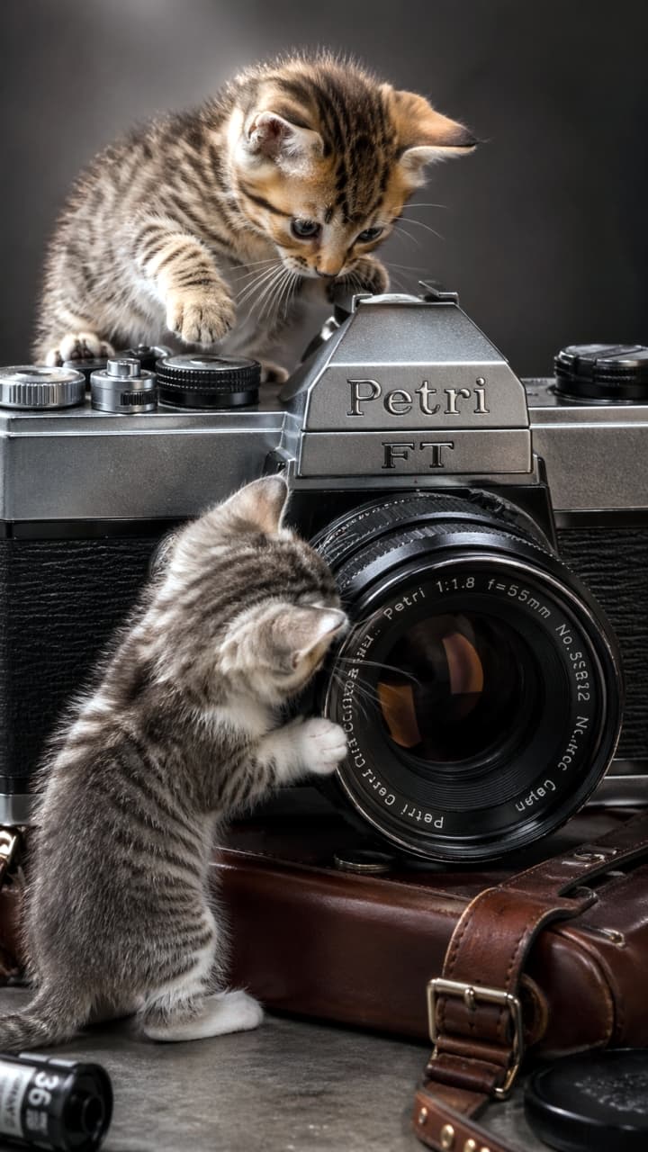 「未来のカメラマン志望？📸 レトロなカメラに興味津々な子猫たちの姿に、思わずシャッターが止まらない💖」Ultra-realistic high-quality photograph of two kittens exploring a vintage Petri FT silver camera. One kitten paws at the dials from above while another inspects the lens. A classic scene with a leather camera case and moody lighting. 「Petri FT」という文字が刻まれたシルバーのヴィンテージカメラを興味津々に調べる2匹の子猫。1匹がカメラの上からダイヤルを触り、もう1匹がレンズの前に立っている。革製のカメラケースが下に置かれた、重厚感のあるクラシックな雰囲気のショット