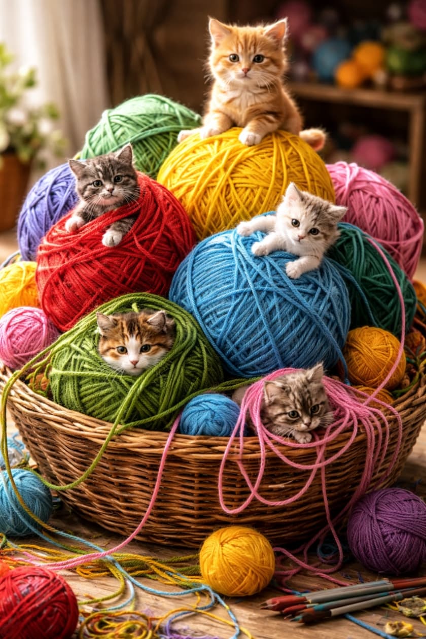 「巨大な毛糸玉の山を大冒険！🧶✨ 頂上を制覇した茶トラちゃんや、糸に絡まって遊ぶ子猫たちのジオラマの世界にキュン💕」An ultra-detailed, photorealistic diorama of a wicker basket overflowing with colorful, giant yarn balls forming a mountain. Five tiny kittens are playing among them. An orange tabby sits triumphantly on the yellow yarn ball at the summit. Other kittens peek out from red, blue, and green yarn balls. On the bottom right, a tabby kitten is tangled in loose pink yarn strands. Loose yarn and colored pencils are scattered on the wooden table in the foreground. 大きな編みかごから溢れる色鮮やかな巨大毛糸玉の山と、そこで遊ぶ5匹の極小子猫の超精細なジオラマ写真。黄色の毛糸玉の頂上には茶トラの子猫が誇らしげに座り、赤、青、緑の毛糸玉の隙間から他の子猫たちが顔を出している。右下ではキジトラの子猫がピンクのほつれた糸に絡まりながら休んでいる。手前のテーブルには散らばった毛糸や色鉛筆が写っている