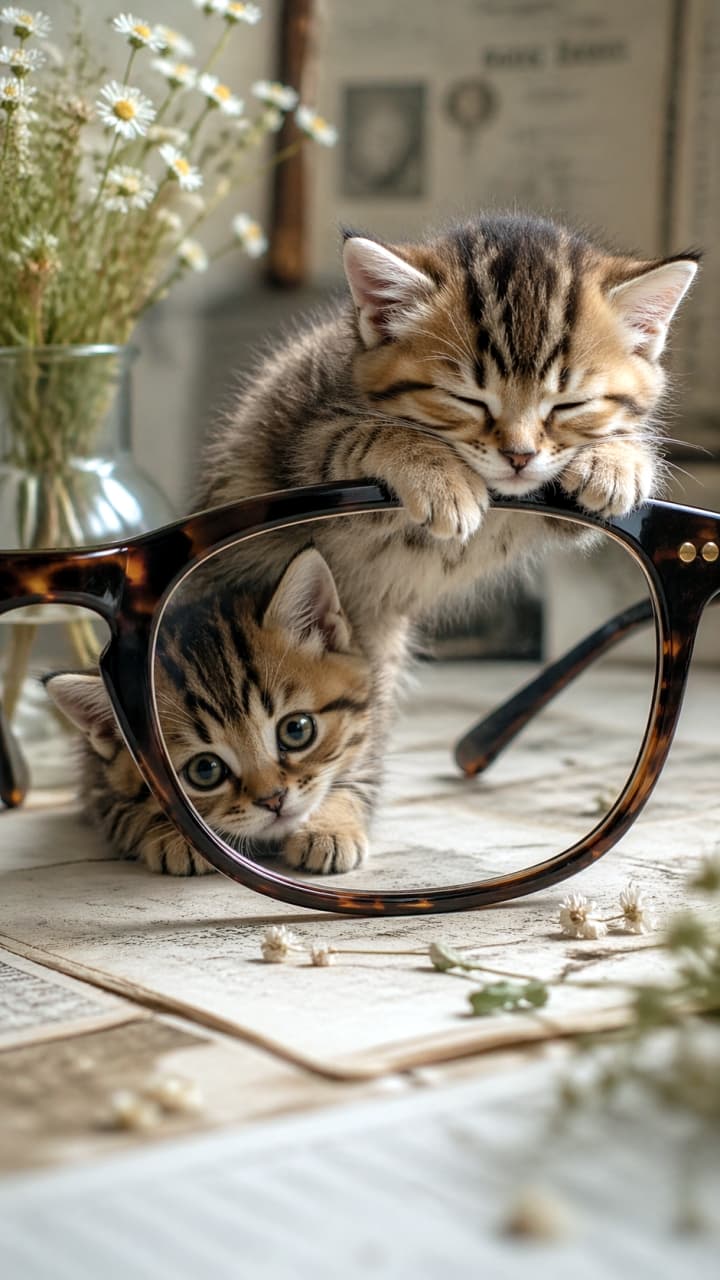 「メガネの上で夢の中…💤 インテリ（？）な子猫たちのゆるふわタイムに、心ゆくまで癒やされて🌿」Ultra-realistic high-quality photograph of a kitten napping on the frame of large tortoiseshell glasses, while another kitten peeks through the lens. Nostalgic atmosphere with vintage papers and white flowers in the background under soft natural light. べっ甲柄の大きなメガネのフレームを枕にして眠る子猫と、レンズ越しにこちらを見つめるもう1匹の子猫。背景にはアンティーク風の書類と白い花が飾られた花瓶があり、ノスタルジックで柔らかな自然光に包まれている