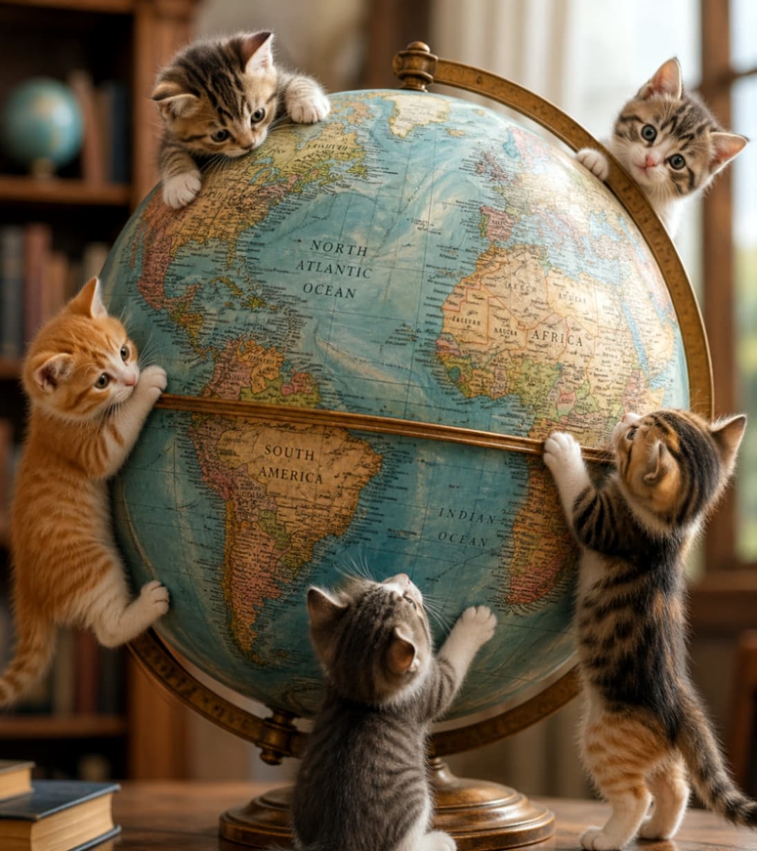 「次の冒険はどこにする？🌍🐾 ボクたちが地球を回して、美味しいお魚の国を探すニャ！✨」Ultra-realistic high-quality photograph of multiple kittens surrounding and interacting with a large vintage globe. A scholarly library setting with warm, classic tones emphasizing global exploration. 大きなアンティーク風の地球儀にしがみついたり、下から見上げたりしている子猫たち。書斎のような背景で、知的な雰囲気と子猫の無邪気さが対比された、セピアがかった落ち着いた色調