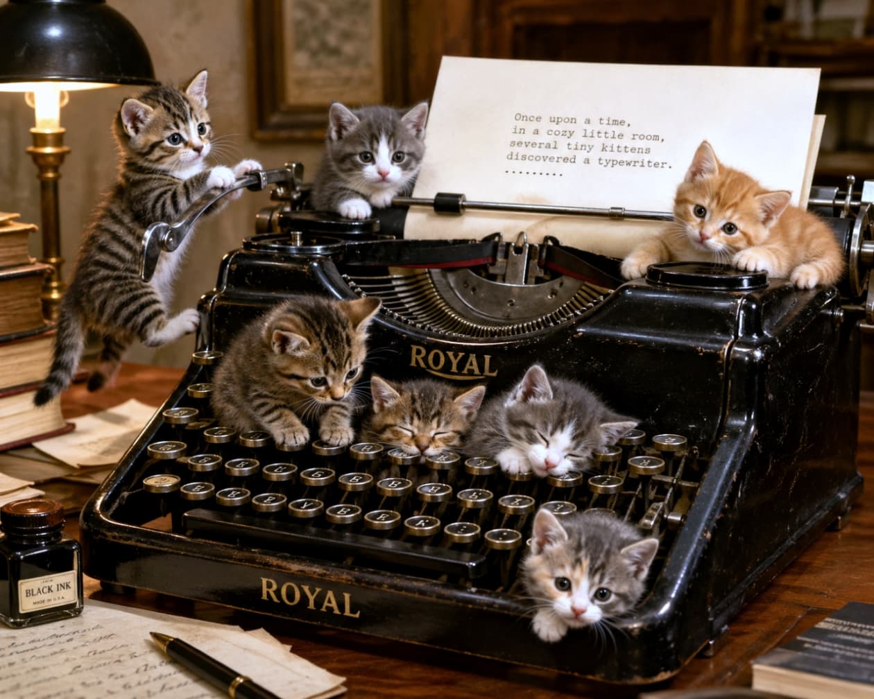 「「むかしむかし、あるところに…」子猫作家たちが紡ぐ、世界一可愛い物語がはじまるよ！🐾📜✨」Ultra-realistic high-quality photograph of several kittens playing around a vintage black Royal typewriter. One kitten naps on the keys while others explore the paper with "Once upon a time..." printed on it. Warm, cozy indoor lighting. アンティークな黒い「ROYAL」製タイプライターに群がる複数の子猫たち。タイプされた紙には「Once upon a time...」から始まる物語が記され、キーの上で眠る子やレバーに触れる子が、暖色系の柔らかな光の中で描写されている