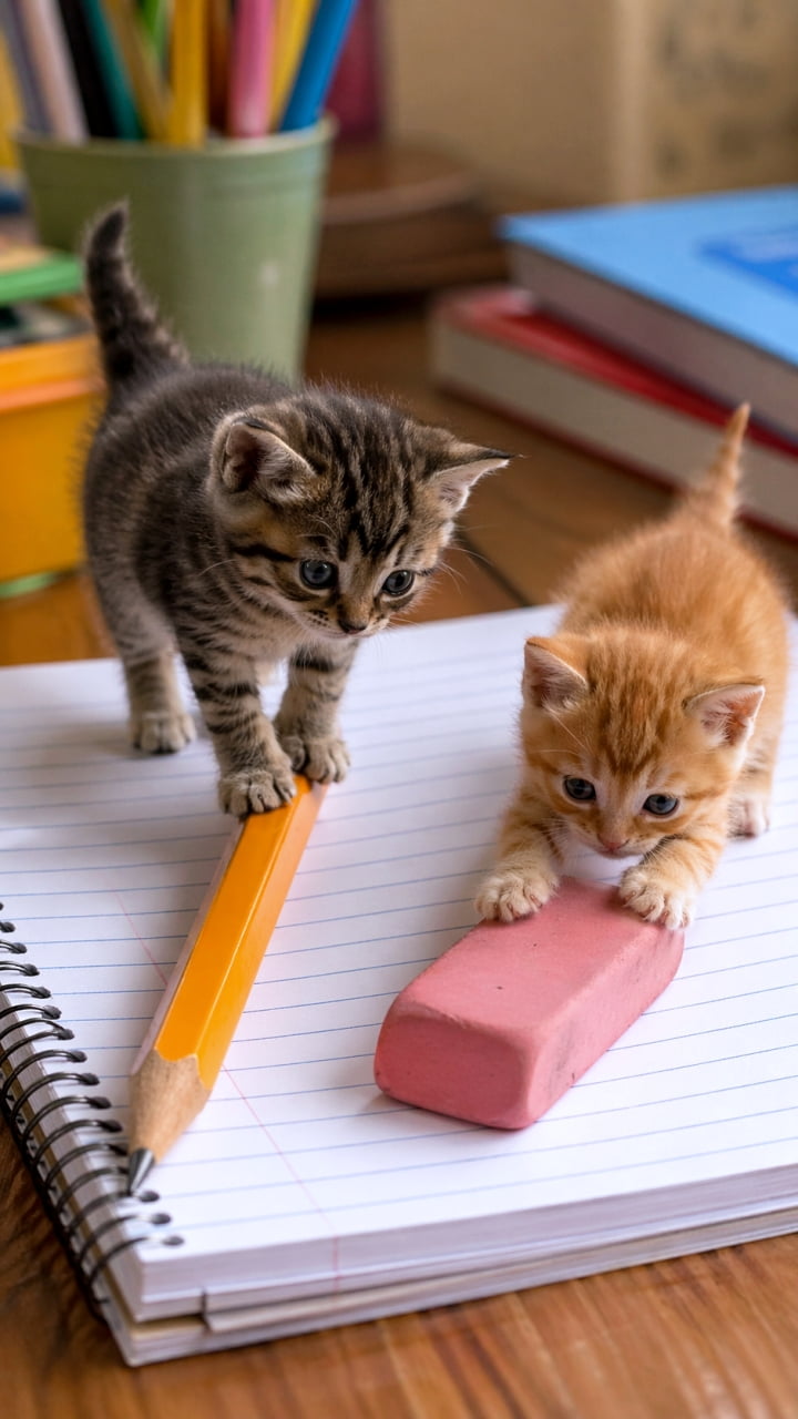 「消しゴム捕まえた！😺 ノートの上で一生懸命な子猫たち。こんなに可愛いと、もう宿題が手につきません✨」Ultra-realistic high-quality photograph of two kittens on a spiral notebook; one paws at a pencil while the other grabs a pink eraser. A bright and clean study desk environment with colored pencils and books in the background. リングノートの上で、1匹が鉛筆に手をかけ、もう1匹がピンクの消しゴムを捕まえようとしている2匹のキジトラと茶トラの子猫。背景には色鉛筆の入ったコップや本が配置された、明るく清潔感のある学習デスクの風景