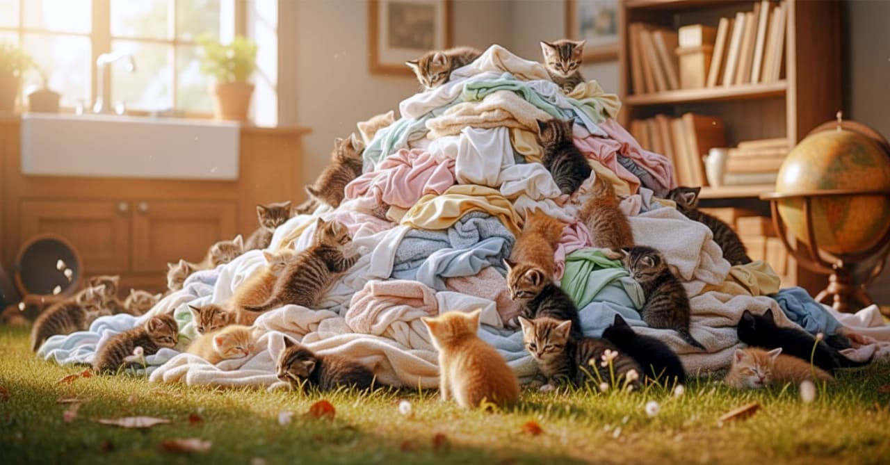 「洗濯物の山は子猫たちの大冒険パラダイス🧺🐾登ったりすやすや眠ったり、賑やかな大集合に癒やされますね✨」Ultra-realistic high-quality photograph of more than twenty tiny mixed-breed kittens swarming and playing on a giant pile of soft laundry in a sunlit room. Brown tabbies, orange tabbies, and black kittens climb the folded clothes and rest on the indoor grassy floor under warm morning sunlight. 柔らかな日差しが注ぐ室内で、高く積まれた淡い色の洗濯物に群がる20匹以上のミックス短毛子猫たち。キジトラや茶トラ、黒猫が頂上へよじ登り、手前の芝生では無邪気に寛ぎ微睡む。窓辺の逆光と木製家具が賑やかで幻想的な温もりを醸し出す情景