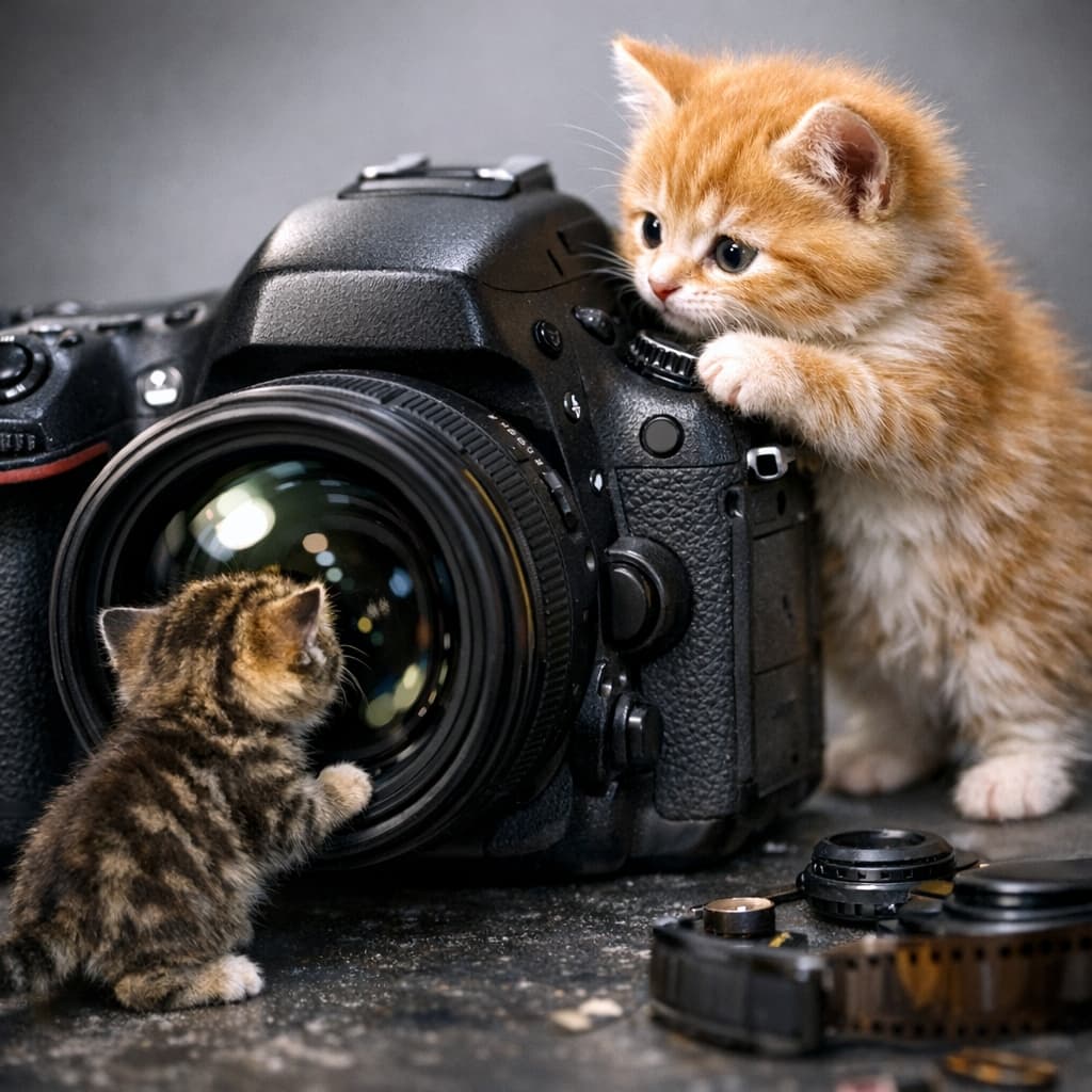 「ボクも写して！📸 デジタル一眼レフに興味津々な子猫たち。レンズ越しの「秘密の会話」が聞こえてきそう✨」Ultra-realistic high-quality photograph of two miniature kittens interacting with a modern black DSLR camera. A fluffy orange tabby paws at the top while a small tabby peers directly into the massive lens. Dramatic studio lighting with scattered film rolls.　黒い現代的なデジタル一眼レフカメラの周りで遊ぶ2匹の子猫。大きな茶トラがカメラの軍艦部に手をかけ、小さなキジトラが巨大なレンズの正面から中を覗き込んでいる。床にはフィルムが置かれ、スタジオライトのようなドラマチックな照明が当たっている