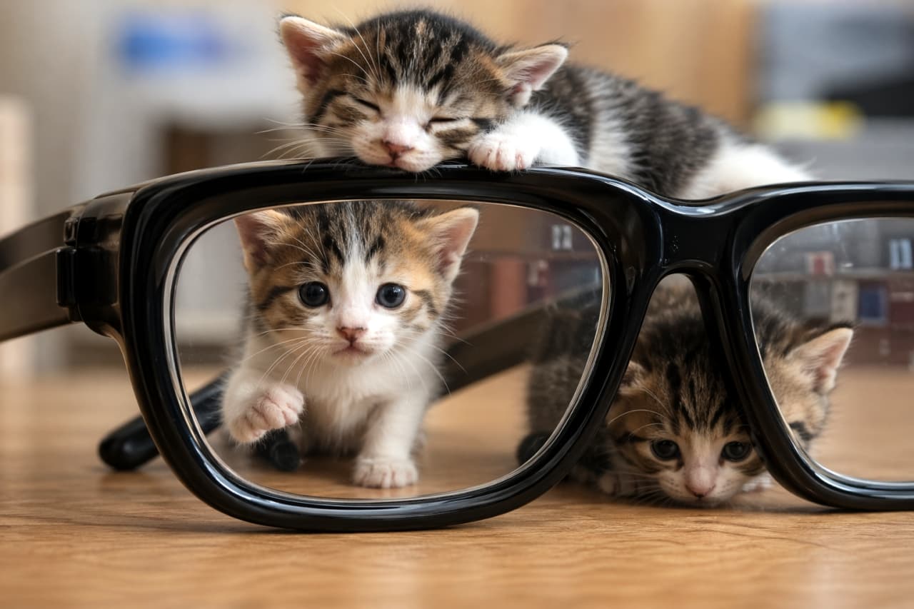 「どっちが本物？👓 メガネの奥からじーっと見つめる子猫たちがたまらない！知的な可愛さにキュン死確定💖」Ultra-realistic high-quality photograph of three kittens with large black-framed glasses. One kitten sleeps on top of the frame while the other two stare curiously through the lenses. High-contrast shot on a wooden surface. 黒ぶちの大きなメガネを挟んで、こちらを見つめる3匹の子猫たち。1匹がフレームの上に顎を乗せて眠り、もう2匹がレンズの奥からクリクリした目で見つめている。木目調の床を背景にした、シンプルで力強いポートレート風の構図