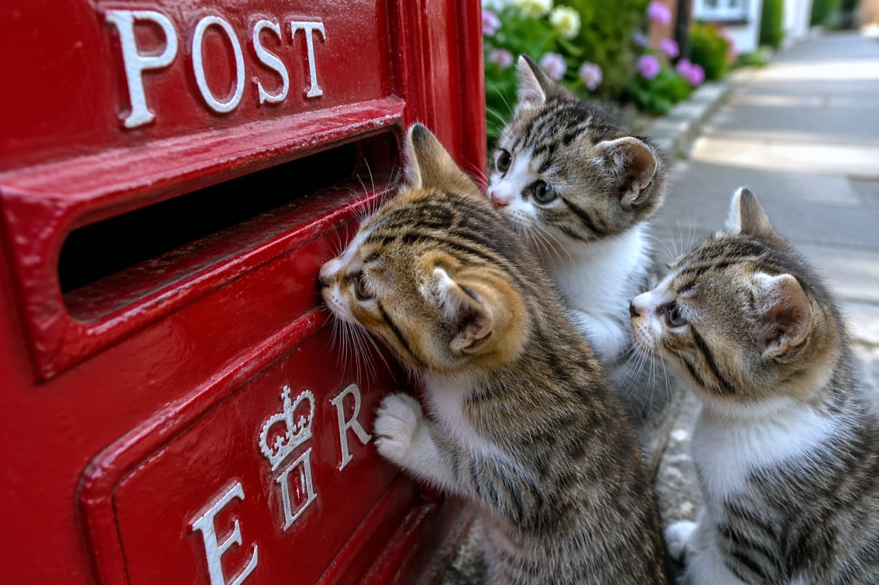 「お手紙、誰に届くかな？💌 イギリス風の赤いポストと、一生懸命背伸びする子猫たちの後ろ姿がたまらない🐈💕」Ultra-realistic high-quality photograph of three kittens standing on their hind legs, curiously looking into the slot of a traditional red British pillar box. 街角にある伝統的なイギリス風の赤い郵便ポスト（POST、E II Rの文字入り）の投函口に興味津々で背伸びをして覗き込んでいる3匹の子猫の超高画質なリアル写真