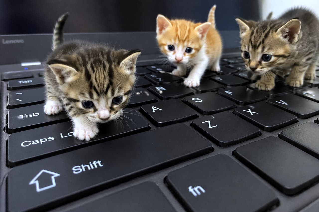 「お仕事のお手伝い…じゃなくてお邪魔虫？💻🐾 こんな可愛い同僚がいたら仕事に集中できません！🥺✨」Ultra-realistic high-quality photograph of three tiny kittens standing on a black laptop keyboard. One tabby is stepping on the Caps Lock key on the left, an orange tabby is looking forward in the center, and another tabby is looking down on the right. 黒いノートパソコンのキーボードの上にいる3匹の小さな子猫の超高画質なリアル写真。1匹は左側で「Caps Lock」キーに足を乗せ、中央の茶トラの子猫は正面を見つめ、右側のキジトラの子猫はキーボードを覗き込んでいます