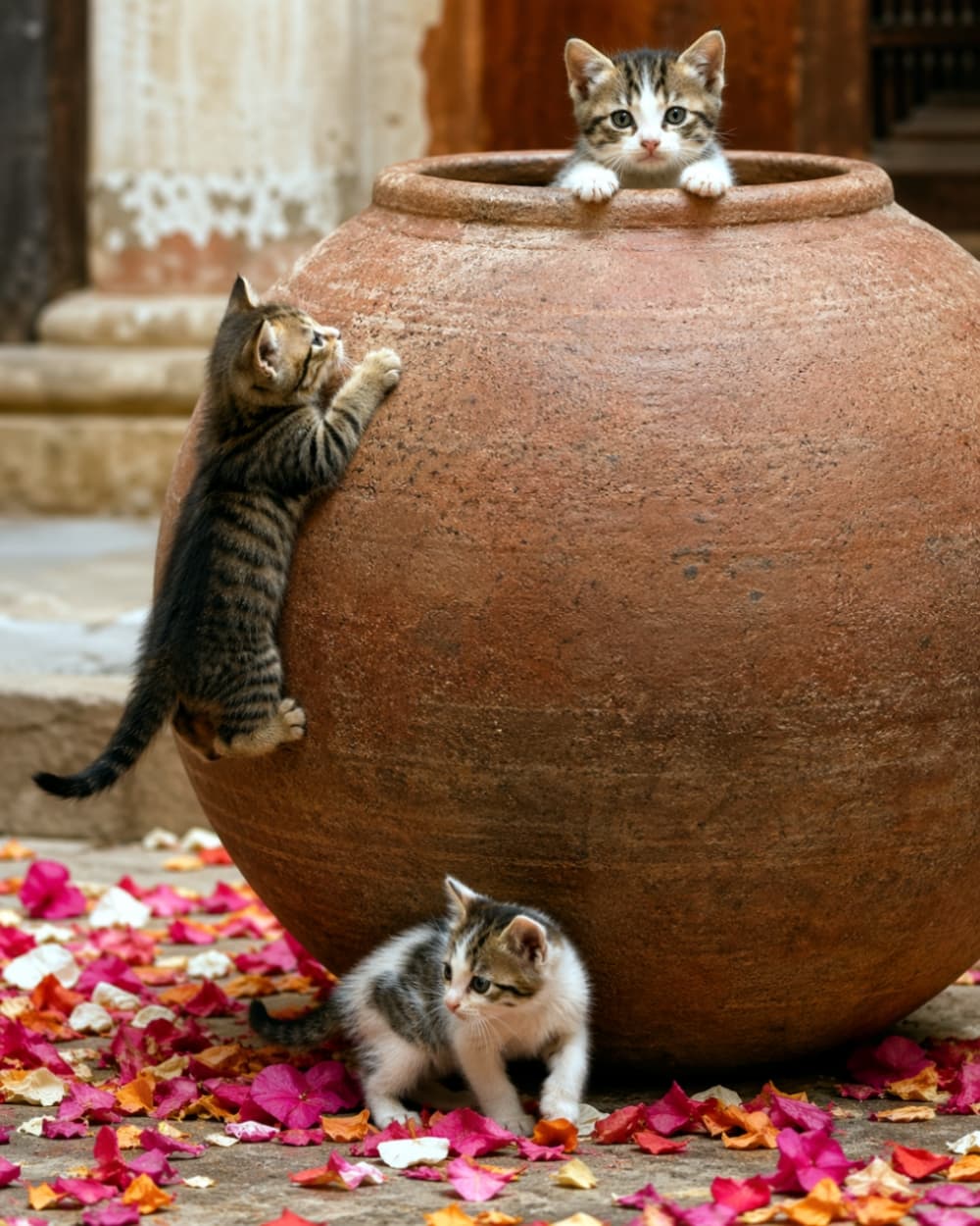 「かくれんぼ中かな？🏺🐈 床いっぱいのカラフルな花びらと、元気いっぱいの子猫たちに癒やされる〜🌸✨」Ultra-realistic high-quality photograph of three kittens playing around a large terracotta pot in a European-style courtyard. One kitten is peeking out from the top, another is climbing the side, and the third is sitting among bright pink and orange petals on the ground. ヨーロッパ風の中庭にある大きな素焼きの壺と3匹の子猫の超高画質なリアル写真。1匹は壺の中から顔を出し、1匹は壺の側面によじ登ろうとし、もう1匹は足元の色鮮やかなピンクやオレンジの花びらの中にいます