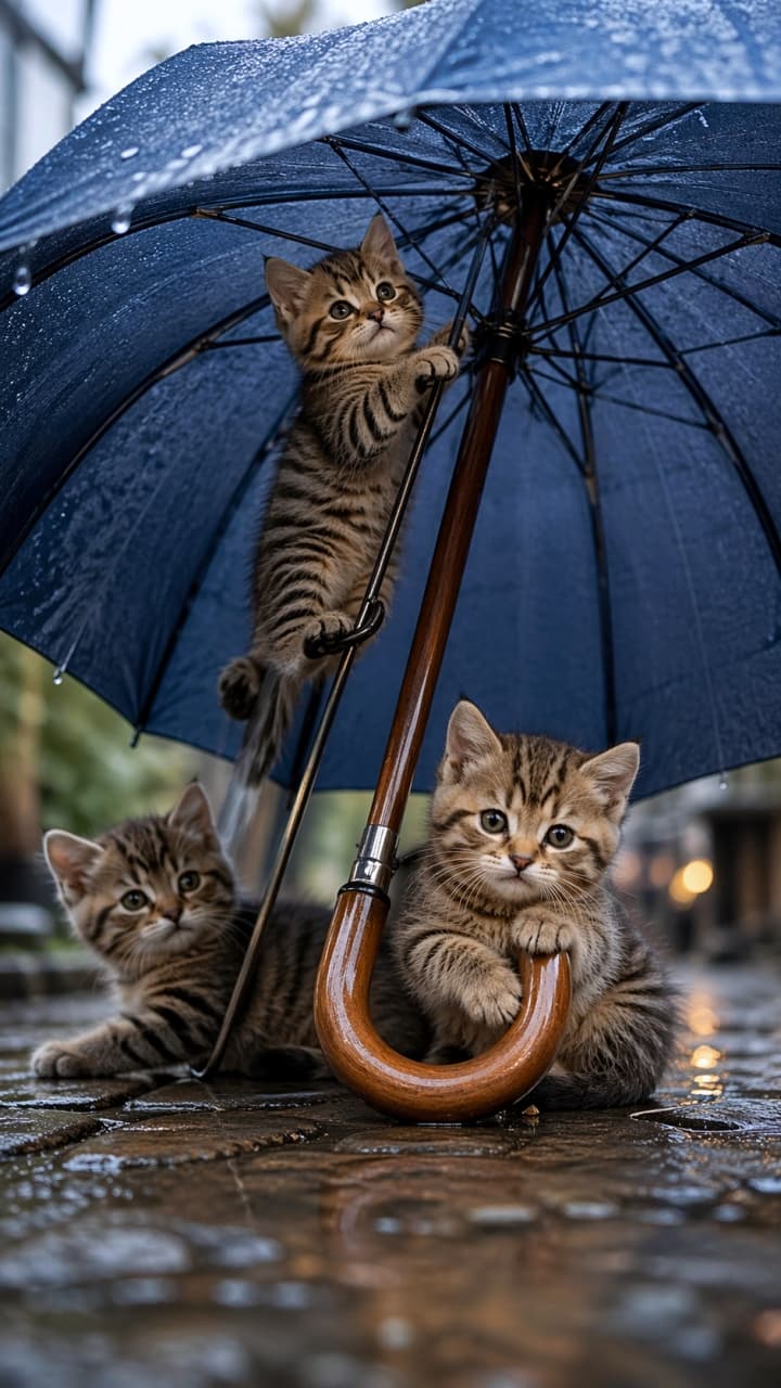 「雨がやむまで、みんなでここにくっついていようね☔️💕 #雨宿り #子猫 #相合い傘」Ultra-realistic high-quality photograph of three tabby kittens sheltering under a blue umbrella on wet cobblestones, with one climbing the handle. 雨に濡れた石畳の上で、青い傘の下で雨宿りをする3匹のキジトラ子猫たち。1匹は傘の柄に登り、他の子たちは身を寄せ合っている、リアルで高画質な縦長の写真