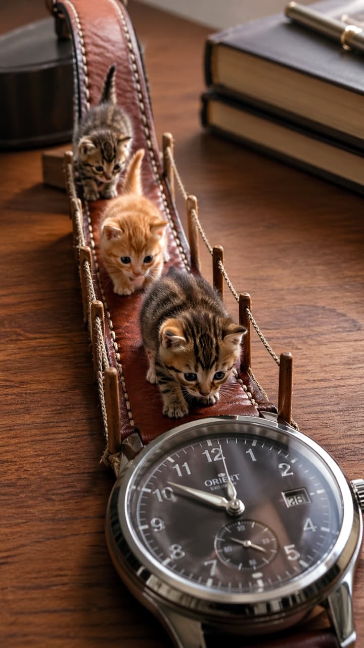 「大きな時計の橋をトコトコ探検中🐾落っこちないように気をつけて！🕰️ #子猫の冒険 #腕時計 #ミニチュア」Ultra-realistic high-quality photograph of three tiny kittens walking in a line across a brown leather watch strap acting as a bridge on an antique wooden desk. アンティーク調の木製デスクの上で、大きな腕時計の茶色い革ベルトを橋に見立てて、3匹の小さな子猫（キジトラ、茶トラ）が一列になって歩いている、リアルで高画質な写真