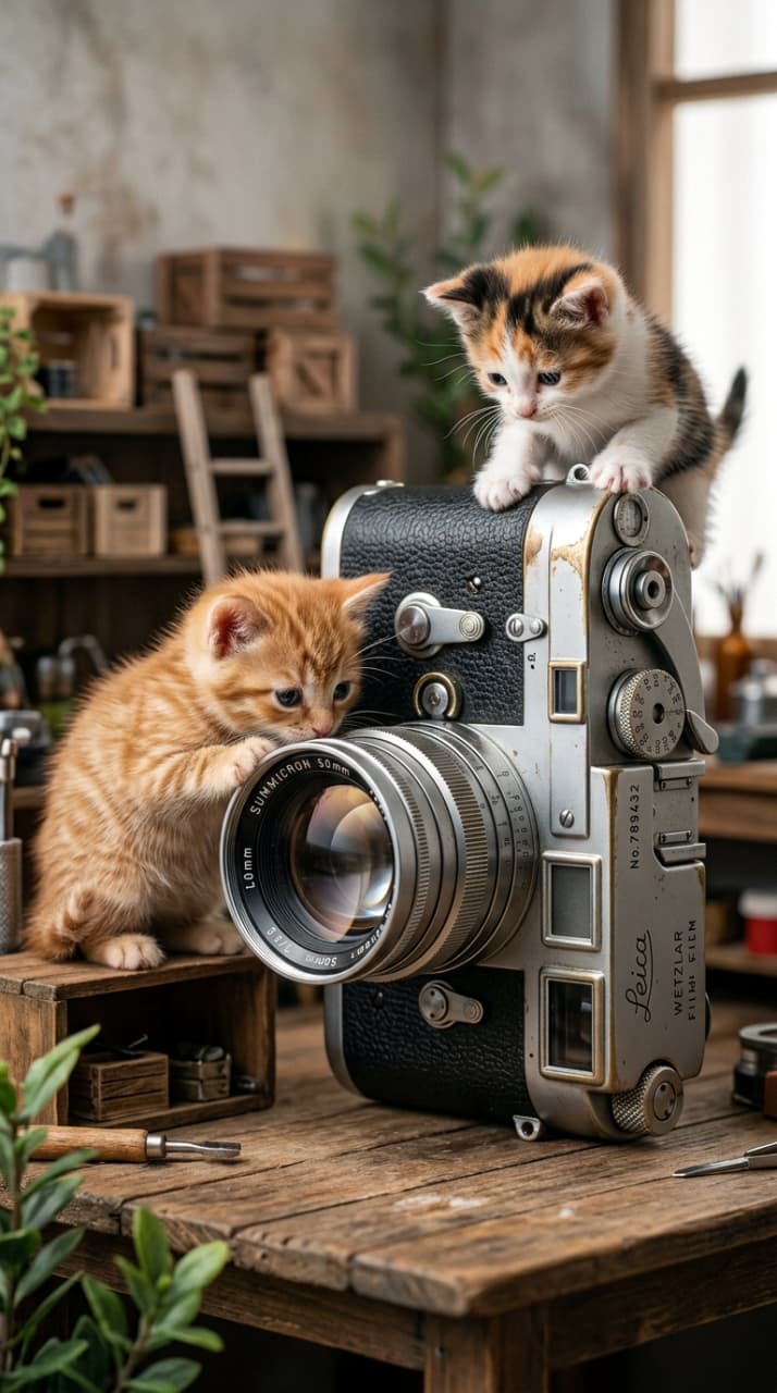 「今日はカメラ職人の見習い中？🐾 レトロなライカの上で大冒険する子猫たちが尊すぎる…📸✨」Ultra-realistic high-quality photograph of two miniature kittens exploring a vintage silver Leica-style camera. A calico kitten sits on top while an orange tabby inspects the lens. Set in a cozy miniature workshop with wooden shelves and tiny tools. ヴィンテージ風の銀色のカメラ（Leicaスタイル）の上や横で遊ぶ2匹の子猫。1匹の三毛猫がカメラの頂上に乗り、もう1匹の茶トラが大きなレンズを覗き込んでいる。背景には木製の棚や小さな工具があり、ミニチュアの工房のような温かい雰囲気