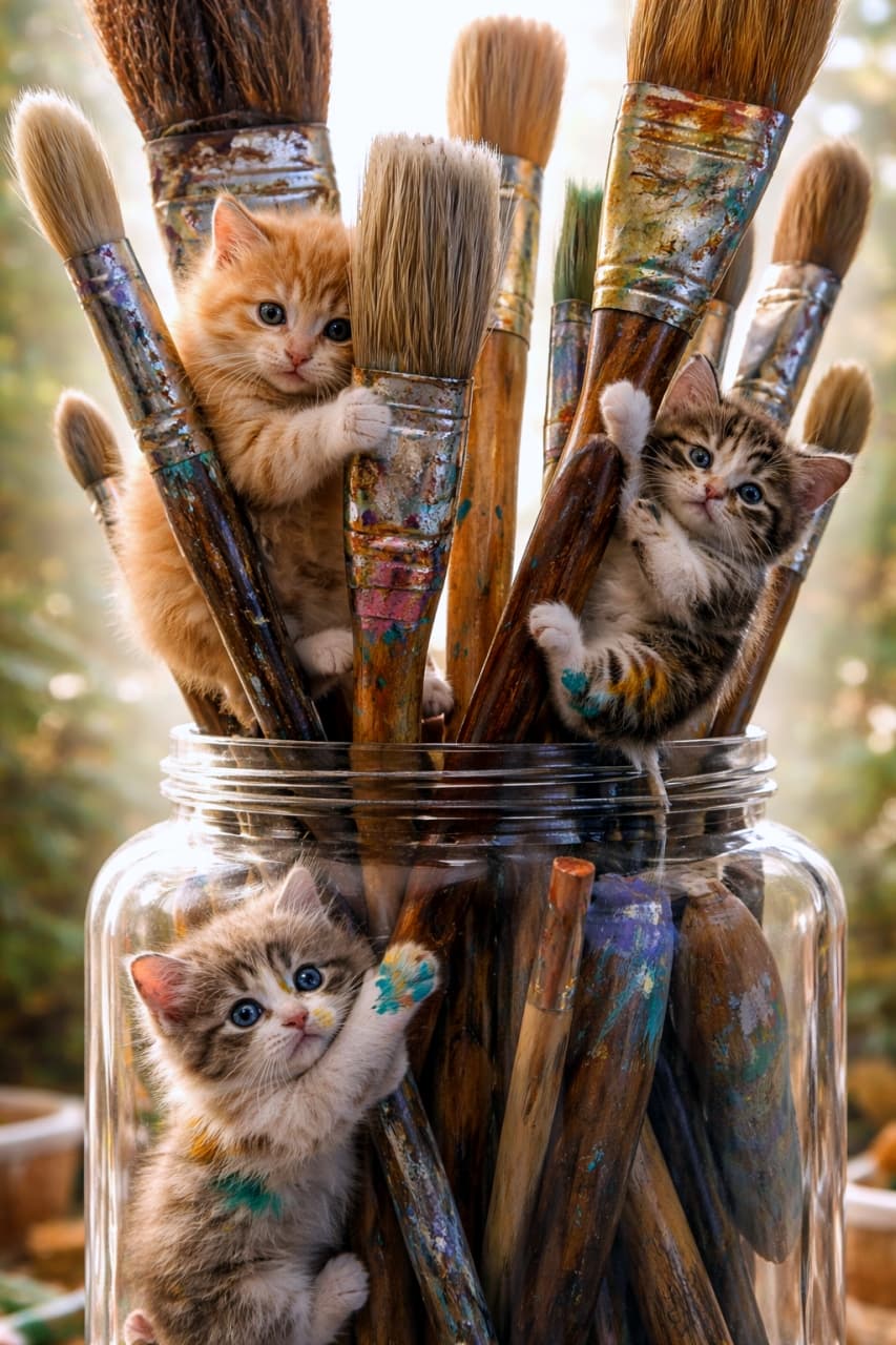 「絵筆のジャングルを大冒険！🖌️✨ お顔やお手てに絵の具をつけちゃった、やんちゃな子猫たちが可愛すぎる💕」An ultra-detailed, photorealistic diorama close-up of a tall glass jar filled with oversized, paint-splattered paintbrushes towering like jungle trees. Three tiny kittens are exploring. On the top left, an orange tabby kitten clings to a brush handle. On the top right, a tabby kitten dangles from another handle. At the bottom outside the jar, a third tabby kitten with tiny blue and green paint smudges on its face and paws looks up. ジャングルの木々のようにそびえ立つ、絵の具で汚れた巨大な絵筆が詰まったガラス瓶と、極小子猫たちの超リアルなジオラマ風クローズアップ写真。左上では茶トラの子猫が筆の柄にしがみつき、右上ではキジトラの子猫が別の筆からぶら下がっている。下部には、顔や足に青や緑の小さな絵の具の汚れ（スマッジ）をつけたもう1匹のキジトラの子猫が、瓶の外側から上を見上げている