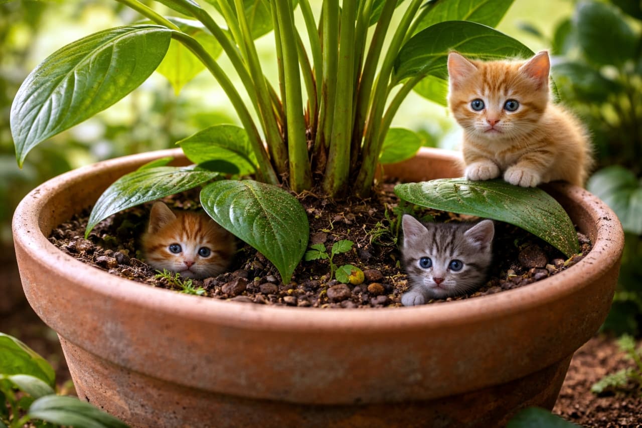 「鉢植えのジャングルへようこそ！巨大な葉っぱの下から顔を出す子猫たちに、胸キュンが止まらない💕 #猫 #観葉植物 #癒やし」A hyper-realistic miniature photograph of a giant potted houseplant in a terracotta pot with large green leaves towering like trees. Three tiny kittens are exploring the pot. On the upper right rim, a blue-eyed ginger and white kitten perches, looking forward. Two other small kittens, a ginger and a silver tabby, peak out from the soil under large green leaves, which act like roofs. The texture of the soil, leaves, and kittens' fur are highly detailed. Diorama style. 巨大なテラコッタ製の鉢に植えられた、大きな葉を持つ観葉植物のミニチュア写真。3匹の極小サイズの子猫が鉢の中で遊んでいる。右上の鉢の縁には、青い目の茶トラ白の子猫が座ってこちらを見ている。左下と中央下の、土の中から顔を出している2匹の子猫（茶トラとサバトラ）は、大きな緑色の葉を屋根のようにして隠れている。植物の葉は木のようにそびえ立ち、土や毛並みの質感まで詳細に描写されている。ジオラマスタイル