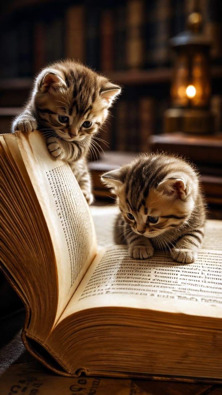 「二匹で仲良くお勉強中？難しい古書もフムフム、ニャるほど🐾📖🕯️✨」Two small tabby kittens are intensely focused on a very large, open antique book resting on a worn wooden table. The yellowed pages are filled with dense, old script. One kitten stands on its hind legs, looking down at the text, with its paws placed on the page. The other sits next to it, peeking over the top. The background is a dimly lit room with more ancient book spines and a warm, glowing old-fashioned lantern. すり減った木製テーブルの上に置かれた、非常に大きくて開いたアンティークの本に、2匹の小さなトラ猫の子猫が熱心に集中しています。黄色がかったページには密度の高い古い文字が埋め尽くされています。1匹の子猫は立ち上がって、ページに前足を置いてテキストを見下ろしています。もう1匹の子猫はその隣に座り、開いたページの上から覗き込んでいます。背景は、さらに古代の本の背表紙と、暖かく輝く古風なランタンがある、薄暗い部屋です