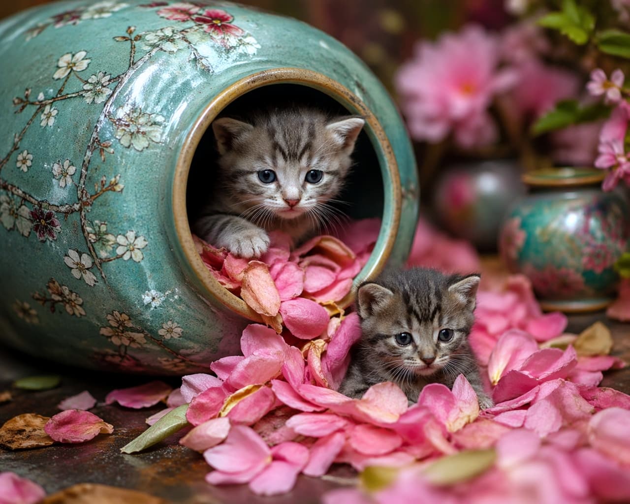 「お花畑でお昼寝タイム？🌸💤 綺麗な壺とピンクの花びらに囲まれた、天使みたいな子猫たちにきゅんっ💘」Ultra-realistic high-quality photograph of two tabby kittens with a fallen floral celadon vase and scattered pink petals. One kitten is peeking out from inside the vase, while the other is sitting surrounded by the soft petals. 倒れた美しい花柄の青磁の壺と、こぼれ落ちたピンクの花びらの中にいる2匹のキジトラ子猫の超高画質なリアル写真。1匹は壺の中から顔をのぞかせ、もう1匹は花びらに埋もれるように座っています