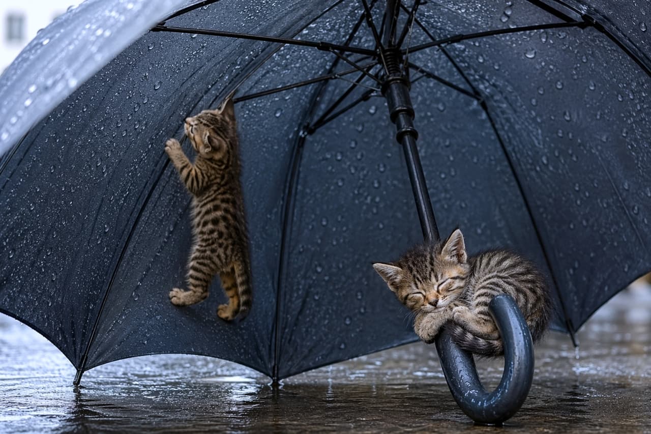 「雨の日もへっちゃら！傘の中は僕たちの秘密基地だよ🐾💤 #子猫 #雨宿り #猫のいる暮らし」Ultra-realistic high-quality photograph of two tabby kittens inside a black umbrella, one playing by hanging on the ribs and the other sleeping curled up on the handle. 黒い傘の内側で、一匹のキジトラ子猫が傘の骨にぶら下がって遊び、もう一匹が柄のカーブ部分で丸まって眠っている、リアルで高画質な写真