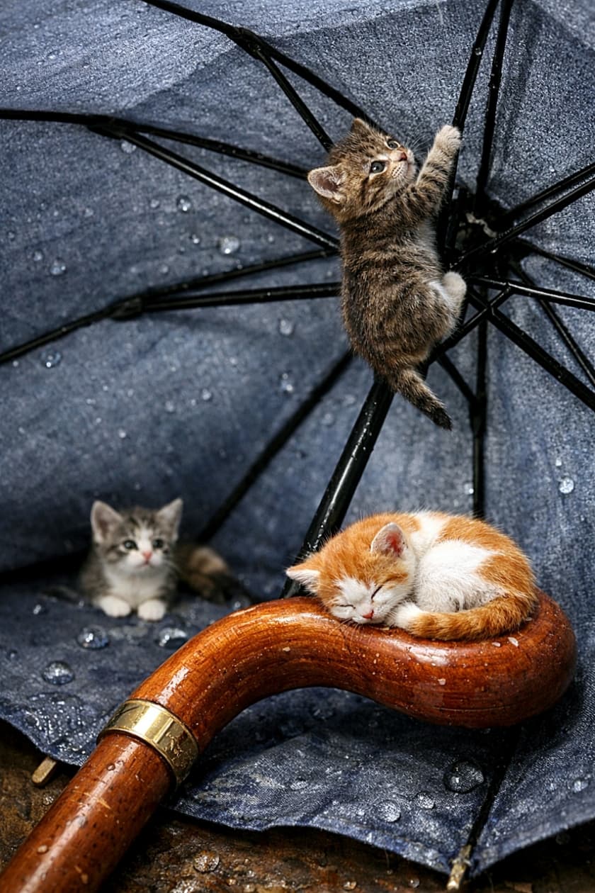 「ちいさな子猫たち、巨大な傘の下で雨宿り中。ミニチュア世界のほっこりワンシーン☔🐾」Ultra-micro kittens shelter inside a large umbrella, one climbing the inner ribs and another curled up on the curved handle in a hyper-realistic diorama-style photo. 巨大な傘の中で雨宿りする超極小サイズの子猫たち。1匹は骨組みを登り、もう1匹は曲がった持ち手で丸くなっている超リアルなミニチュア風写真
