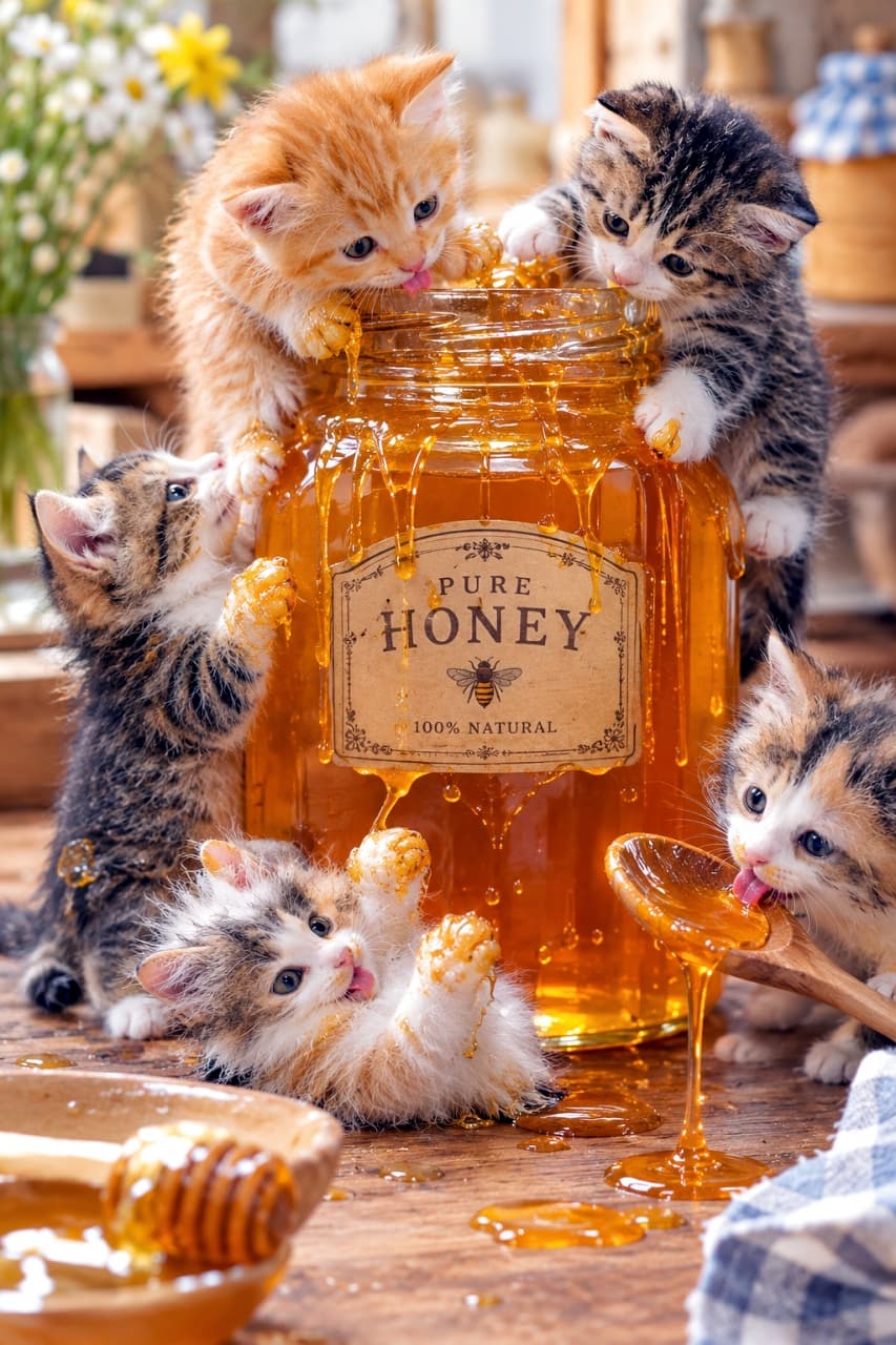 「あま〜いはちみつの香りに誘われて…🍯✨ みんなでお腹いっぱいになっちゃうニャ!ペロペロする姿に癒されますね🐾 #ファンタジー猫 #ミニチュアの世界」An ultra-realistic high-quality photograph of five micro-kittens gathered around a glowing giant jar of "PURE HONEY." An orange tabby and a brown tabby kitten peek over the top. A tabby-and-white kitten clings to the left side, while a calico kitten rolls on its back in the foreground covered in sticky honey. Another calico kitten on the right licks honey from a wooden spoon. The golden honey and warm lighting look incredibly delicious and inviting. 黄金色に輝く巨大なはちみつ瓶(PURE HONEY)の周りに集まる5匹のマイクロ子猫たちの超リアルな高品質写真。瓶の上には左に茶トラ、右にキジトラの子猫が身を乗り出しています。瓶の左側面にはキジ白の子猫がしがみつき、手前中央では三毛の子猫が仰向けに転がって足にはちみつをつけています。右手前ではもう1匹の三毛の子猫が木製スプーンから垂れるはちみつを舐めています。はちみつの透明感とシズル感が際立っています