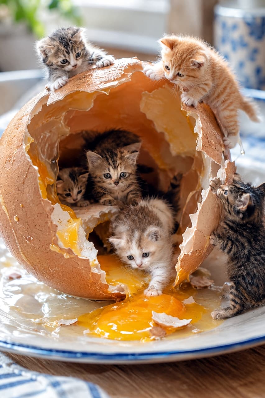 「卵の殻のおうちからこんにちはニャ!🍳✨ とろとろの黄身に興味津々な小さな冒険家たち🐾 #ファンタジー猫 #ミニチュアの世界」Ultra-realistic photograph of five micro-kittens interacting with a giant broken eggshell and spilled raw yolk. They are climbing the shell edges and curiously exploring the sticky yolk. 割れた巨大な卵の殻と流れ出る黄身の周りで遊ぶ5匹のマイクロ子猫の超リアルな写真。殻の左上にサバトラ、右上に茶トラが登り、殻の中にはキジトラが座っている。手前ではサバ白の子猫が流れ出た黄身に手を伸ばし、右側ではキジトラが立ち上がって殻に触れている