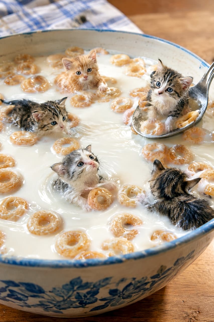 「シリアルの浮き輪でぷかぷかミルク遊びニャ!🥣💦 スプーンのボートも乗り心地バツグンだね✨ #ファンタジー猫 #ミニチュアの世界」Ultra-realistic photograph of five micro-kittens swimming and playing in a giant bowl of milk and ring-shaped cereal. One kitten is sitting on a giant silver spoon lifted from the milk. シリアルが浮かぶ巨大なミルクのボウルの中で遊ぶ5匹のマイクロ子猫の超リアルな写真。上部に茶トラ、左にキジトラ、手前左にサバ白、手前右に黒キジの子猫がミルクに浸かっており、右側ではサバ白の子猫が巨大なスプーンに乗ってすくい上げられている