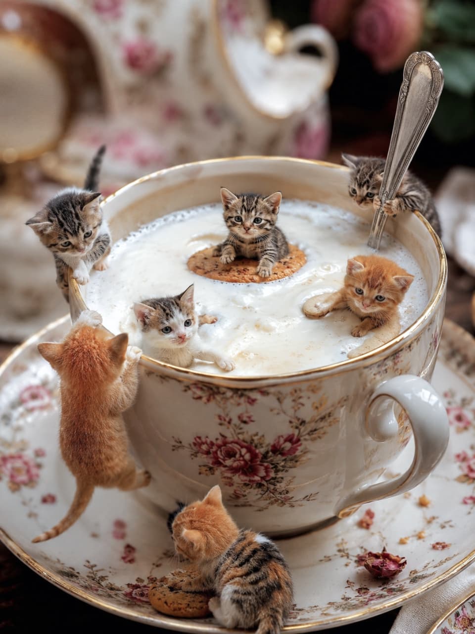 「夢のようなミルクのティータイムへようこそ🥛✨クッキーのボートが可愛すぎるでしょ?🍪🐾 #ティータイム #アンティーク #猫好きさんと繋がりたい #ミニチュア猫」Ultra-realistic high-quality photograph of five lovely kittens (tabby, ginger, and calico) playing in a vintage floral teacup filled with frothy milk. Some are floating on a cookie or climbing a silver spoon, illuminated by elegant afternoon light with blurred pink roses in the background. 泡立つミルクがなみなみと注がれたアンティーク調の花柄ティーカップで遊ぶ5匹の子猫(キジトラ、茶トラ、三毛など)。クッキーを浮き輪にしたり、銀のスプーンを登る姿が愛らしいです。背景にはぼやけたピンクの薔薇が配置され、優雅なティータイムの光が美しく被毛を照らします