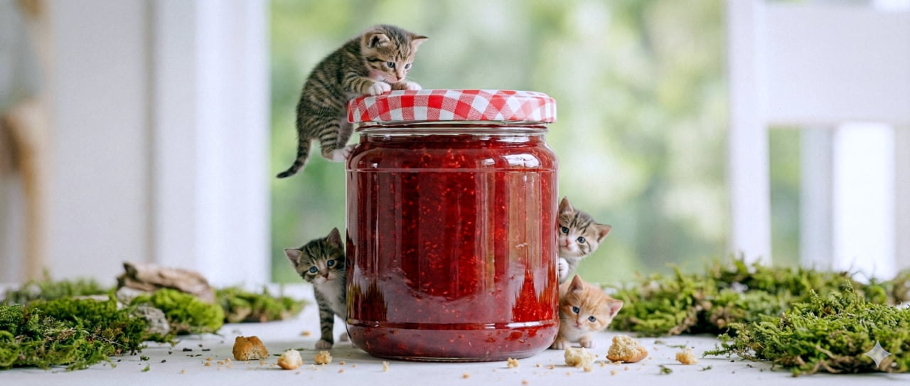 「大きな瓶には甘い秘密がいっぱいニャ!🍓✨ 赤いチェックのフタがおしゃれで可愛い探検隊の冒険シーン🐾 #ファンタジー猫 #ミニチュアの世界」Ultra-realistic photograph of four micro-kittens exploring a giant jar of red jam with a red-and-white checkered lid. They are climbing and peeking around the glass jar amidst scattered green moss. 赤いチェック柄の蓋がついた巨大なジャム瓶の周りにいる4匹のマイクロ子猫の超リアルな写真。瓶の上にキジトラが登り、左下にキジトラ、右奥からサバ白が顔を出し、右下には小さな茶トラがいる。周囲には緑の苔のような植物が散らばっている