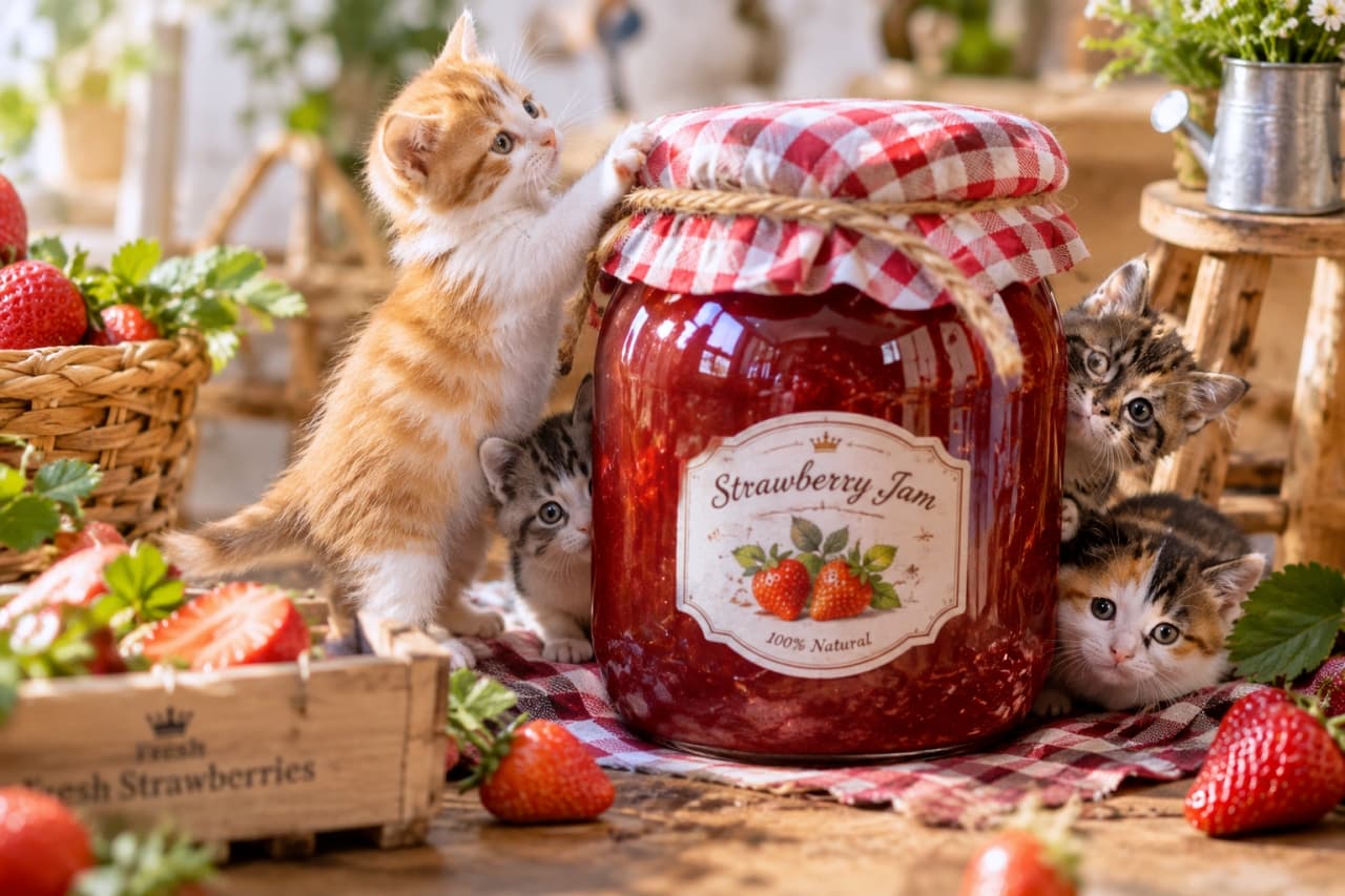 「甘〜いイチゴの香りに誘われて集まってきたニャ!🍓✨ みんなでジャムのお味見できるかな?🐾 #ファンタジー猫 #ミニチュアの世界」Ultra-realistic photograph of four micro-kittens playing around a giant jar labeled "Strawberry Jam" with fresh strawberries scattered around. Warm natural light illuminates the sweet scene. 「Strawberry Jam」のラベルが貼られた巨大なジャム瓶と新鮮なイチゴに囲まれた4匹のマイクロ子猫の超リアルな写真。左側で茶白の子猫が立ち上がって瓶に触れ、その後ろからサバトラが覗いている。右側からはキジトラと三毛の子猫が顔を出している