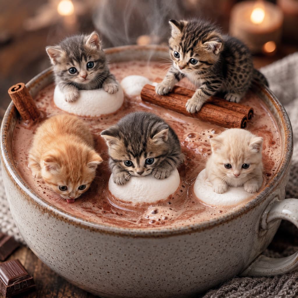 「ぽかぽかココアのお風呂で温まり中♨️マシュマロみたいな子猫たちに癒やされてね🍫🐈 #冬の癒やし #猫好きさんと繋がりたい #ミニチュア猫」Ultra-realistic high-quality photograph of four kittens (tabby, ginger, and cream) floating on marshmallows and resting on cinnamon sticks inside a giant steaming cup of hot cocoa. The warm, cozy winter lighting with blurred background candles beautifully captures their soft fur and sweet expressions. 湯気の立つ大きなホットココアのカップの中で、白いマシュマロに乗ったりシナモンスティックに寄りかかる4匹の子猫(キジトラ、茶トラ、クリームタビー)。1匹はココアを舐めています。背景には温かみのあるキャンドルの光がぼやけ、冬の居心地の良い情景を緻密に表現しています