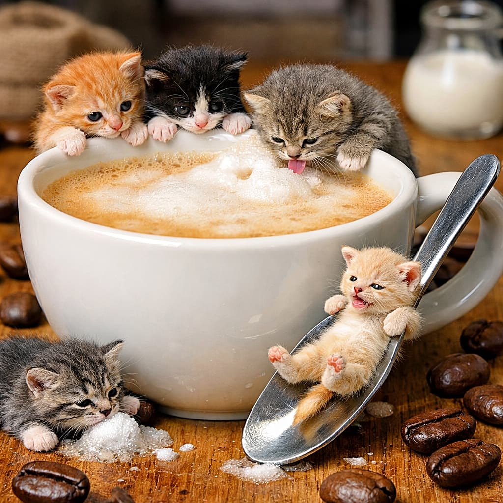 「ラテの泡に夢中な子猫たち。カップの縁でのぞいたり、スプーンをすべり台にしたり、コーヒー豆の森で遊ぶ小さな冒険が広がる楽しいひととき🐾」Tiny kittens play around a giant white porcelain cup of foamy café latte, with one sliding down a spoon, others perched on the rim and licking milk foam, and oversized coffee beans scattered across a wooden table in a hyper-realistic miniature diorama scene. 巨大な白い磁器カップのカフェラテの周りで、小さな子猫たちが遊ぶミニチュアジオラマ。スプーンを滑り台のように滑る子や、縁にしがみつき泡をなめる子、木のテーブルには体ほどのコーヒー豆が散らばっている