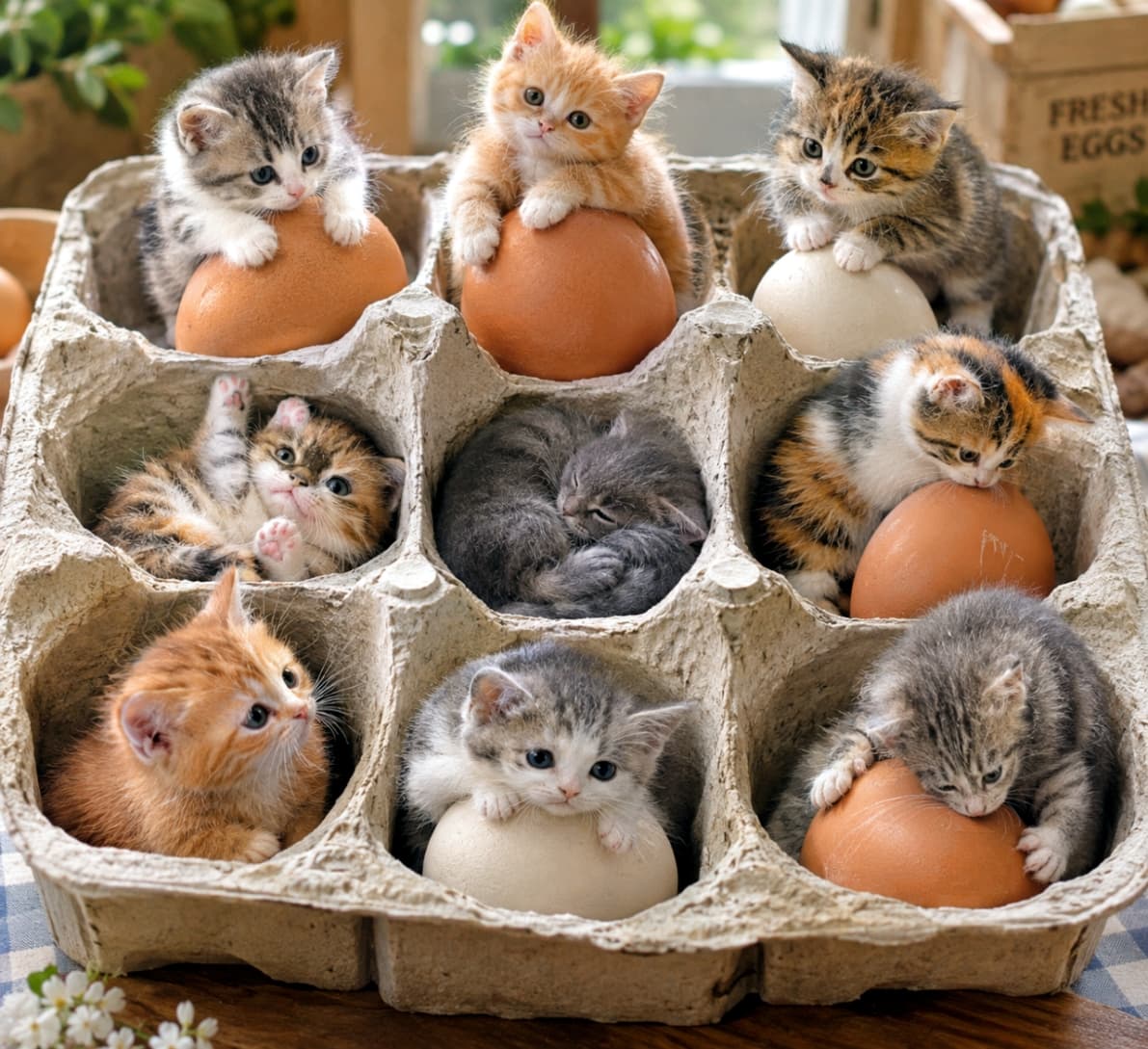 「卵パックのマンションへようこそニャ!🥚✨ 9匹それぞれのお気に入りポーズでリラックス中💤 みんなはどの子の部屋に遊びに行きたい?🐾 #ファンタジー猫 #ミニチュアの世界」Ultra-realistic high-quality photograph of nine micro-kittens snugly resting inside the compartments of a giant cardboard egg carton. The diverse group includes orange tabbies, silver tabbies, calicos, and a solid gray kitten, with some resting on giant brown and white eggs, and others curled up or playing in the empty paper cups. Warm natural light illuminates the highly detailed scene. 巨大な紙製卵パックの9つの区画にそれぞれ収まる、9匹のマイクロ子猫の超リアルな高品質写真。上段は左から茶色い卵に寄りかかるサバトラ、卵に乗る茶トラ、白い卵に乗る三毛。中段は仰向けに転がるキジトラ、丸まって眠るグレーの子猫、茶色い卵に乗る三毛。下段は空の区画に座る茶トラ、白い卵に顎を乗せるサバ白、茶色い卵を抱き抱えて眠るサバトラが配置されている。自然光がそれぞれの毛色と質感を柔らかく照らしている