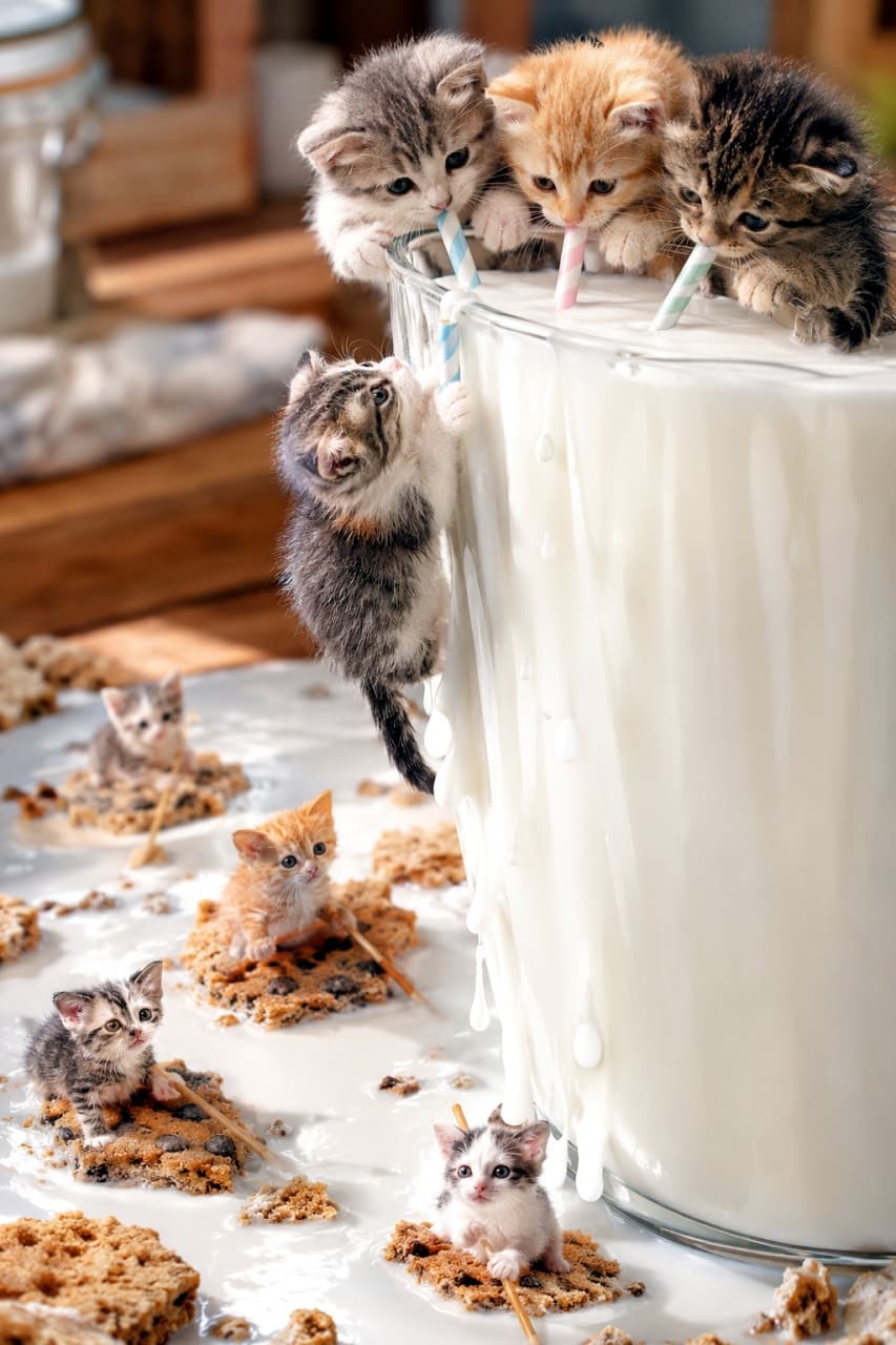 「クッキーの船でミルクの海へ出発ニャ!⛵️🥛 みんなで力を合わせてグラスの山を攻略中✨ 応援したくなる大冒険ですね🐈 #ファンタジー猫 #ミニチュアの世界」An ultra-realistic high-quality photograph of seven tiny micro-kittens playing around a giant glass of milk and spilled milk. In the foreground, three kittens (tabby-and-white, orange tabby, and silver tabby-and-white) are riding cookie boats using toothpicks as oars. A brown tabby kitten is climbing the left side of the giant glass, while three kittens (silver tabby-and-white, orange tabby, and brown tabby) are drinking from the rim using straws. Natural light beautifully highlights the milk and their soft fur. 巨大なグラスに入ったミルクと、こぼれたミルクの海で遊ぶ7匹の極小の子猫たちの超リアルな高品質写真。手前のクッキーの船には、左からキジ白、茶トラ、サバ白の子猫が乗り、爪楊枝のオールを持っています。巨大なグラスの左側面をキジトラの子猫がよじ登り、グラスの縁では左からサバ白、茶トラ、キジトラの子猫がストローでミルクを飲んでいます。自然光がミルクの質感と柔らかな毛並みを美しく照らしています