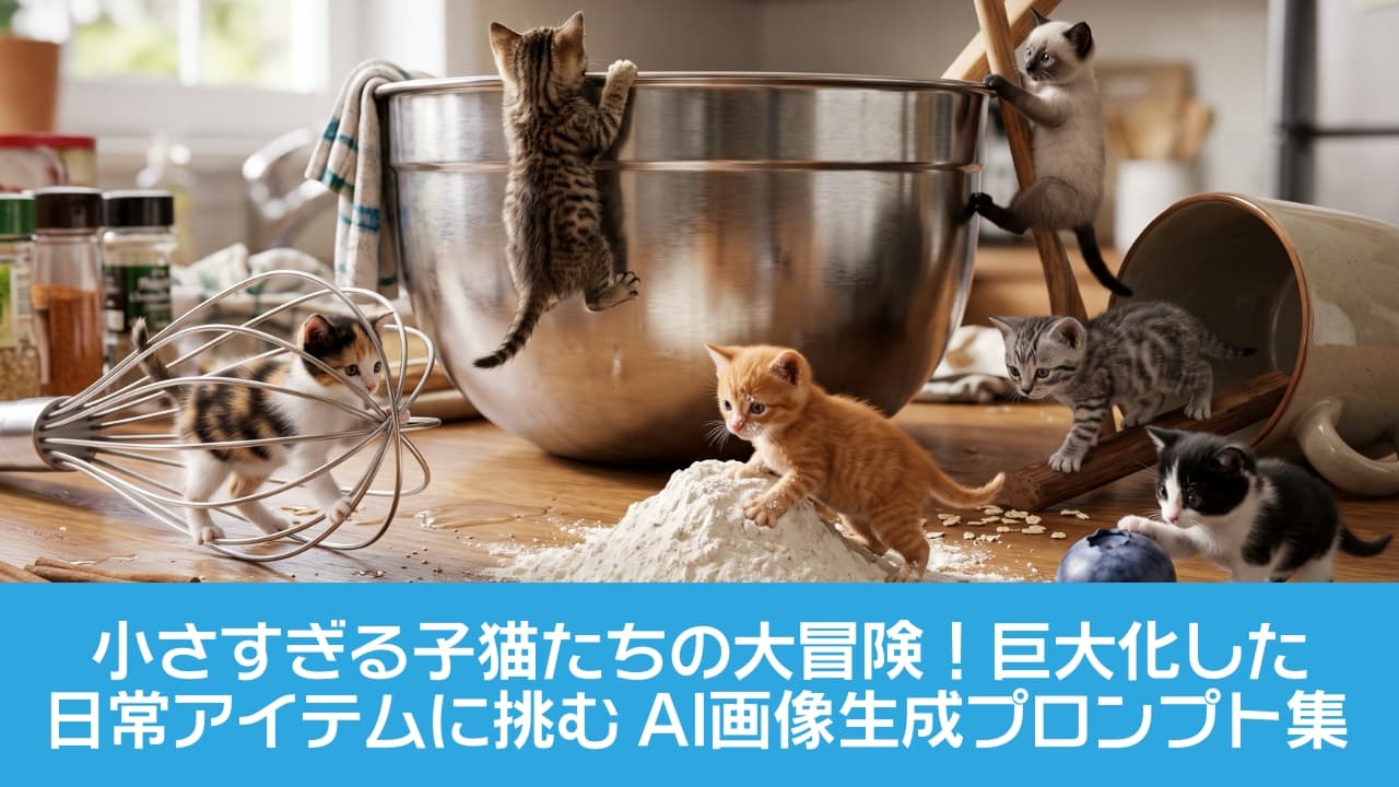 「キッチン全体が巨大なアスレチックだニャ！🙀🍳 お粉まみれになったり、お道具に登ったり、元気いっぱいな冒険家たちから目が離せません✨」An ultra-realistic high-quality photograph of six micro-kittens playing among giant kitchen tools. A brown tabby climbs a massive stainless steel bowl, while a Siamese-point kitten clings to a wooden spoon. A calico kitten navigates through a wire whisk on the left. An orange tabby climbs a mound of flour in the center. A silver tabby walks near a tipped mug, and a black-and-white tuxedo kitten touches a giant blueberry on the right. 巨大な調理器具が散乱するキッチンの上で遊ぶ6匹のマイクロ子猫たちの超リアルな高品質写真。中央の巨大なステンレスボウルをキジトラの子猫がよじ登り、右の木製スプーンにはシャム風の子猫がしがみついています。左手前では三毛の子猫が泡立て器の中をくぐり抜け、手前中央では茶トラの子猫がこぼれた小麦粉の山に登っています。右側ではサバトラの子猫が倒れたマグカップの横を歩き、右手前では白黒ハチワレの子猫が巨大なブルーベリーに触れています