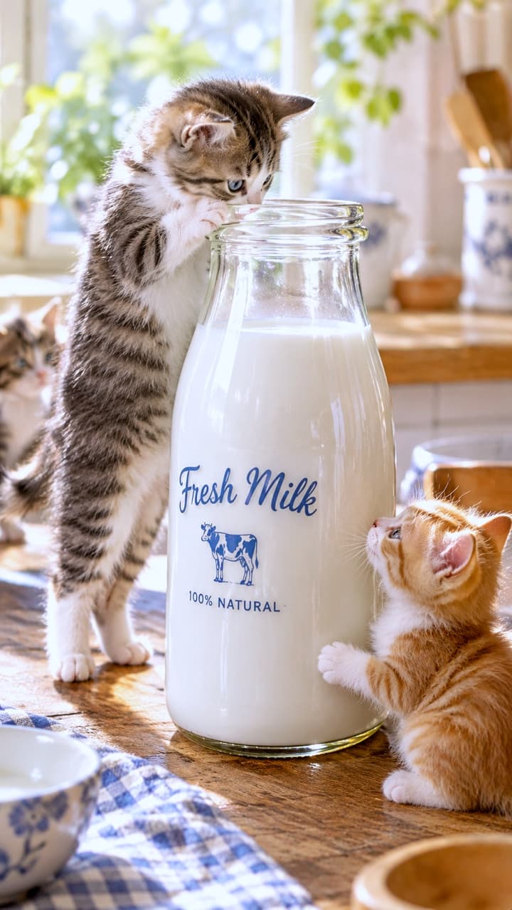 「この大きな瓶の中身、気になるニャ〜🥛👀 一生懸命背伸びする姿が愛らしすぎる!早く飲めるといいね💕 #ファンタジー猫 #ミニチュアの世界」An ultra-realistic high-quality photograph of three micro-kittens intrigued by a giant glass "Fresh Milk" bottle. On the left, a silver tabby-and-white kitten stands on its hind legs, reaching the rim to peek inside. On the bottom right, an orange-and-white kitten sits with its paws on the glass, looking up. A blurred brown tabby kitten is visible in the background on the far left. Bright window light illuminates the cozy kitchen setting. 巨大なガラス製のミルク瓶(Fresh Milkのロゴ入り)に興味津々な3匹のマイクロ子猫たちの超リアルな高品質写真。中央の瓶の左側では、サバトラ白の子猫が立ち上がって瓶の口に前足をかけ、中を覗き込んでいます。右手前では、茶トラ白の子猫が座りながら瓶に両前足を添えて見上げています。左奥の背景には、ぼやけたキジトラの子猫が控えめに写っています。窓からの光がキッチンを明るく照らしています