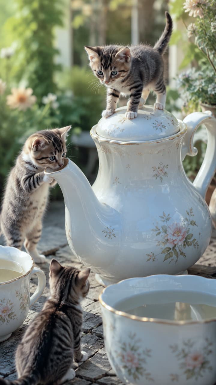 「ティーポットの中に何が隠れてるのかな?👀🌿陽だまりの中の好奇心旺盛な子猫たち☕✨ #ゴールデンアワー #猫の写真 #ファンタジー猫 #ミニチュアの世界」Ultra-realistic high-quality photograph of three curious brown tabby kittens exploring a classic floral teapot in a sunlit garden. The beautiful golden hour backlighting outlines their fluffy fur with a warm glow, creating a nostalgic and peaceful afternoon scene on the stone patio. 暖かな夕日が差し込む石畳の庭園で、花柄の美しい陶器のティーポットに興味津々な3匹のキジトラの子猫。1匹はポットの蓋に乗り、もう1匹は注ぎ口の中を覗き込んでいます。柔らかな逆光が猫たちの輪郭を黄金色に輝かせ、穏やかな午後のノスタルジックな情景を作り出しています