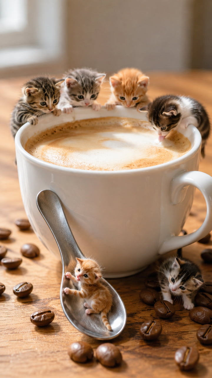 「巨大ラテに大冒険!カップの縁に集まる子猫たち、泡を味見したりスプーンで滑ったり…コーヒー豆サイズの世界で大はしゃぎのひととき🐾」Tiny kittens cling to the rim of a giant white coffee cup filled with foamy latte, while one slides down a spoon and another licks milk foam, surrounded by oversized coffee beans on a wooden table. 巨大な白いコーヒーカップの縁にしがみつく子猫たち。ラテの泡をなめたり、スプーンをすべり台のように滑る子もいて、木のテーブルには体ほど大きなコーヒー豆が散らばっている
