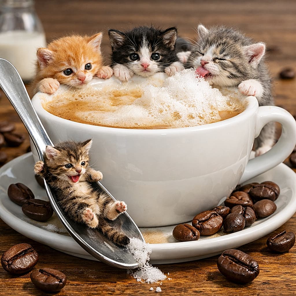 「巨大ラテに大冒険!カップの縁に集まる子猫たち、泡を味見したりスプーンで滑ったり…コーヒー豆サイズの世界で大はしゃぎのひととき🐾」Tiny kittens cling to the rim of a giant white coffee cup filled with foamy latte, while one slides down a spoon and another licks milk foam, surrounded by oversized coffee beans on a wooden table. 巨大な白いコーヒーカップの縁にしがみつく子猫たち。ラテの泡をなめたり、スプーンをすべり台のように滑る子もいて、木のテーブルには体ほど大きなコーヒー豆が散らばっている