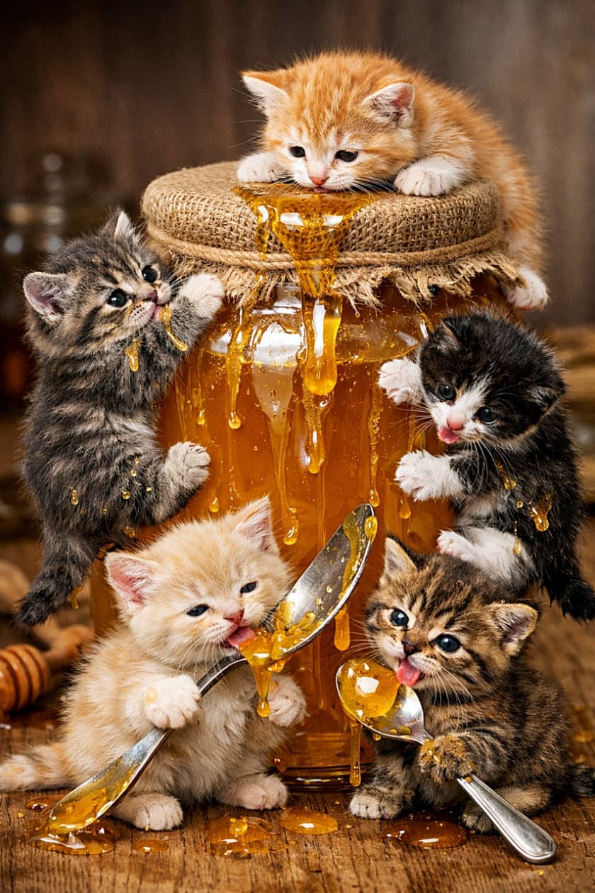 「はちみつ大事件発生!子猫たちの甘くてドタバタな午後🍯🐾」Five tiny kittens climb and gather around a large glass jar of honey, their paws sticky with golden drips as they lick honey from spoons, with clear faces, expressive eyes, and soft natural fur texture. 大きなガラス瓶のはちみつに、5匹の子猫たちがよじ登ったりスプーンをなめたりして遊んでいる。金色のはちみつで前足がべたべたになり、表情豊かな顔と自然な毛並みがはっきり見える