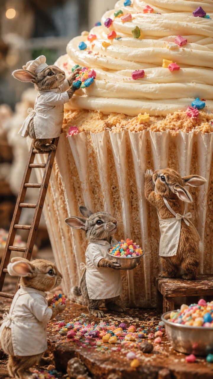 「ふわふわのホイップクリームに夢中！🐰🎂 小さなウサギのパティシエたちが作るケーキは絶対おいしいはず✨ #ウサギ #手作りケーキ #ファンタジー」Ultra-realistic high-quality photograph of fluffy little bunnies (resembling Netherland Dwarfs) wearing tiny chef coats and aprons, decorating a giant cake's whipped cream with colorful candies. The soft texture of their fur perfectly complements the creamy frosting, all beautifully lit by warm, inviting light in a fairytale bakery setting. 白いコックコートやエプロンを着た、リアルでフワフワな被毛を持つ子ウサギ（ネザーランドドワーフのような短い耳と丸い顔）たちが、巨大なケーキのホイップクリームにカラフルなキャンディをトッピングしている様子。柔らかそうな毛並みと、しっとりとしたクリームの質感の対比が見事で、温かい照明がメルヘンチックな世界観を演出