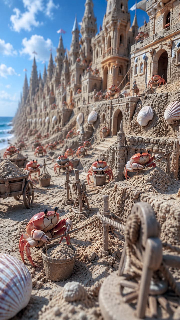 「カニさんたちの本気、見せてあげます！🦀💪 永遠に続く砂の城砦、いつ完成するのか気になりますね🌊🏰 #サンドアート #カニの建築家 #海」Ultra-realistic high-quality photograph of an epic, endless sandcastle fortress stretching along a sunny coastline, being actively constructed by a massive workforce of highly detailed red crabs. The crabs are seen using tiny wooden carts and pulley systems to transport sand, depicted with stunning realism, dynamic perspective, and beautiful coastal lighting. 太陽の光が降り注ぐ海岸線に沿って延々と続く、信じられないほど精巧で巨大な砂の城砦。無数のリアルな赤いカニたちが、砂を入れたバケツを滑車で引き上げたり、木の荷車で運んだりして組織的に建設作業を行っている様子が、ダイナミックな構図と極めて高いディテールで描写されています