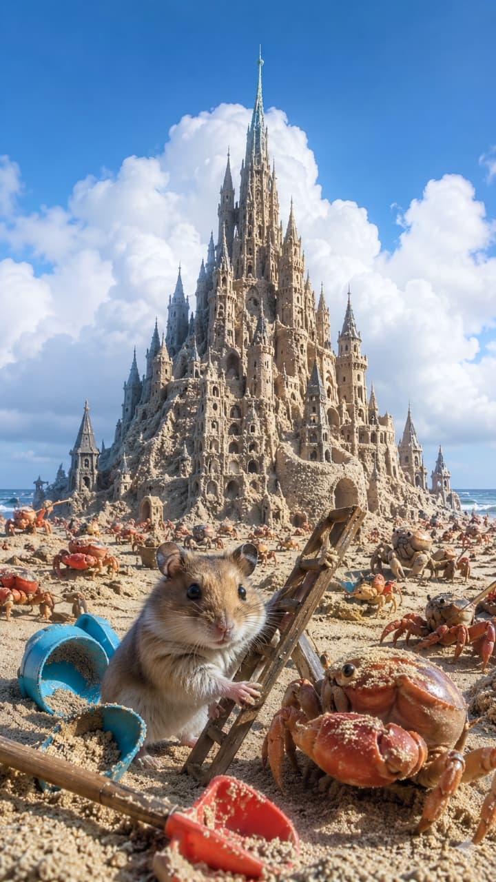 「砂浜の巨大プロジェクト進行中！🏰🦀 なぜか現場監督をしているハムスターくんが可愛すぎる🐹🌊 #砂の城 #ハムスター #カニ #夏の思い出」Ultra-realistic high-quality photograph of a Golden Hamster and numerous red crabs working together to build a massively intricate, cathedral-like sandcastle on a sunny beach. The stunning contrast between the hamster's soft fur and bright eyes, and the hard, glossy shells of the crabs is captured with incredible detail and depth of field. 青空に白い雲が広がるビーチで、驚くほど緻密で巨大な砂の城（サゴラダ・ファミリアのような尖塔を持つ）を背景に、ゴールデンハムスターと無数の赤いカニたちが建設作業をしているシュールでリアルな情景。手前のハムスターの柔らかな毛並みや瞳の輝きと、カニの硬質な甲羅の質感のコントラストが圧倒的な解像度で描写されています
