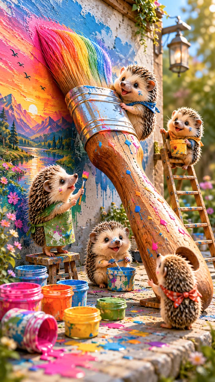 「小さなピカソたちが大活躍！🎨🦔 巨大な絵筆でどんな傑作が生まれるのかな？絵の具だらけのお顔も愛おしい💕 #ハリネズミ #アート #カラフル」Ultra-realistic high-quality photograph of adorable hedgehogs painting a beautiful landscape mural on a textured wall. The highly detailed image captures the sharp texture of their quills, their bright black eyes, and the messy, vibrant paint splatters on their faces and tiny aprons, surrounded by colorful paint cans and a giant wooden paintbrush under bright sunlight. 太陽の光が降り注ぐ屋外で、リアルなハリネズミたちが協力して壁面に美しい風景画を描いている情景。針一本一本の質感やつぶらな黒い瞳が鮮明に描写され、顔やエプロンに絵の具をつけた愛らしい姿が印象的です。巨大な木製の絵筆や、足元に転がる極彩色（ピンク、青、黄、オレンジ）の絵の具缶が、画面全体にポップで活気ある雰囲気を与えています