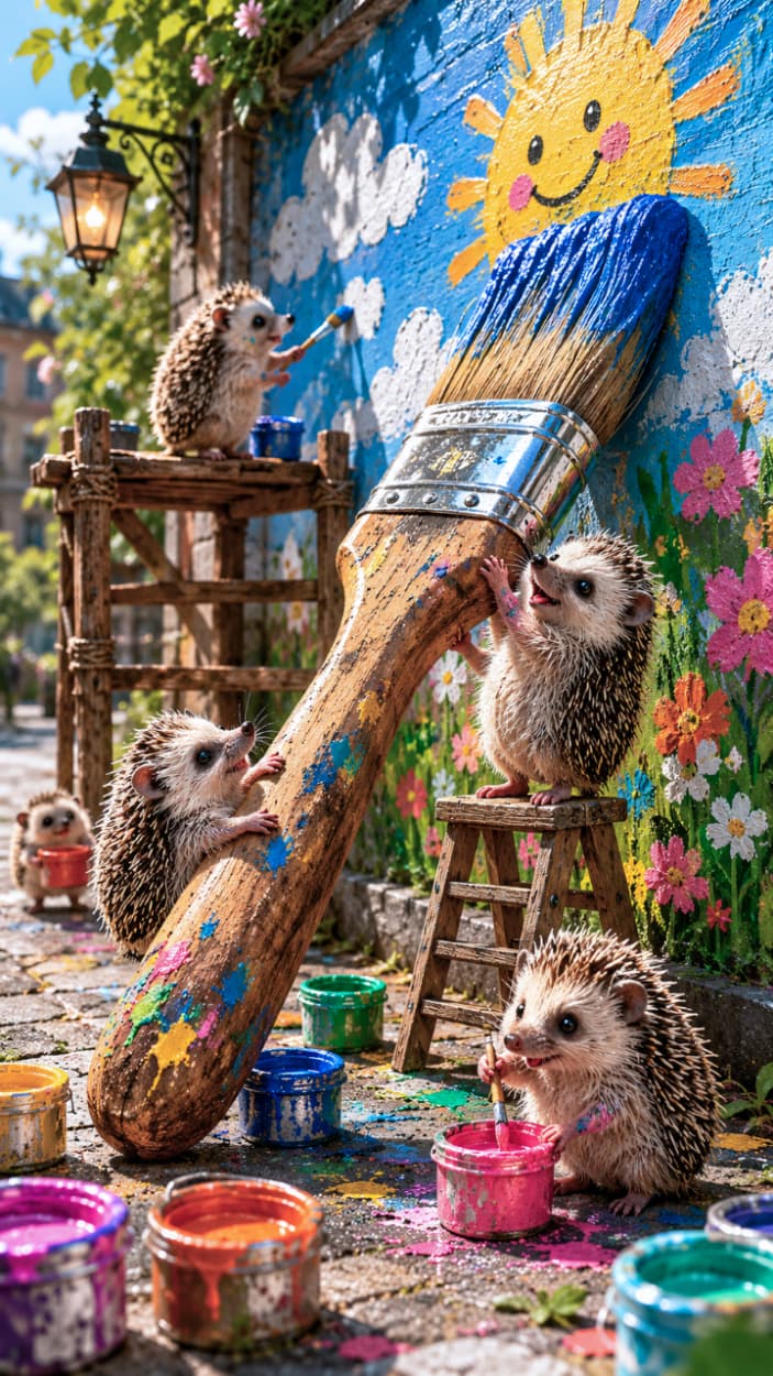 「青空と太陽を自分たちで描いちゃおう！☀️🦔 絵の具遊びに夢中なハリネズミちゃんたちから元気をもらえますね🎨✨ #ハリネズミ #ウォールアート #笑顔」Ultra-realistic high-quality photograph of cheerful hedgehogs painting a bright mural of a smiling sun and blue sky on an outdoor brick wall. The highly detailed image captures a hedgehog clinging to a giant brush loaded with blue paint, surrounded by wooden stepladders, vibrant paint splatters, and realistic blooming flowers in bright daylight. 晴れ渡った屋外のレンガの壁に、笑顔のような表情を浮かべたハリネズミたちが、太陽と青空の壁画をペンキで描いている活気あるシーン。青い絵の具がたっぷりとついた巨大なハケにしがみつく姿や、足元の木製脚立、周囲のリアルな草花が、鮮やかな色彩と高い解像度で捉えられています