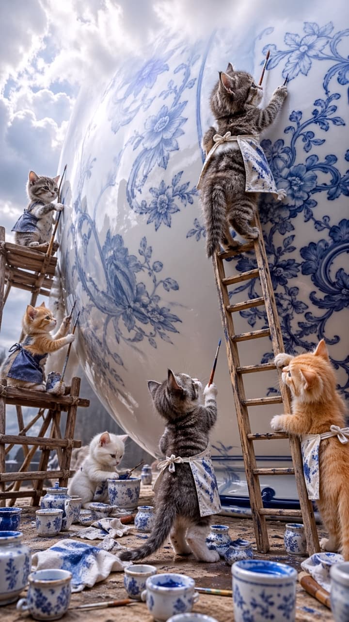 「一生懸命ぬりぬり…🐾世界一可愛い絵師さんたちが傑作を制作中!?癒やし度120%の光景✨🎨 #猫 #アート」Ultra-realistic high-quality photograph of several kittens wearing aprons, climbing ladders to paint a giant blue and white porcelain vase in a whimsical, artistic workshop setting. エプロンをつけた数匹の子猫たちが、ハシゴに登って巨大な青白の磁器の壺に絵付けをしているファンタジーな光景。足元にはたくさんの筆や絵具の器が並んでいる